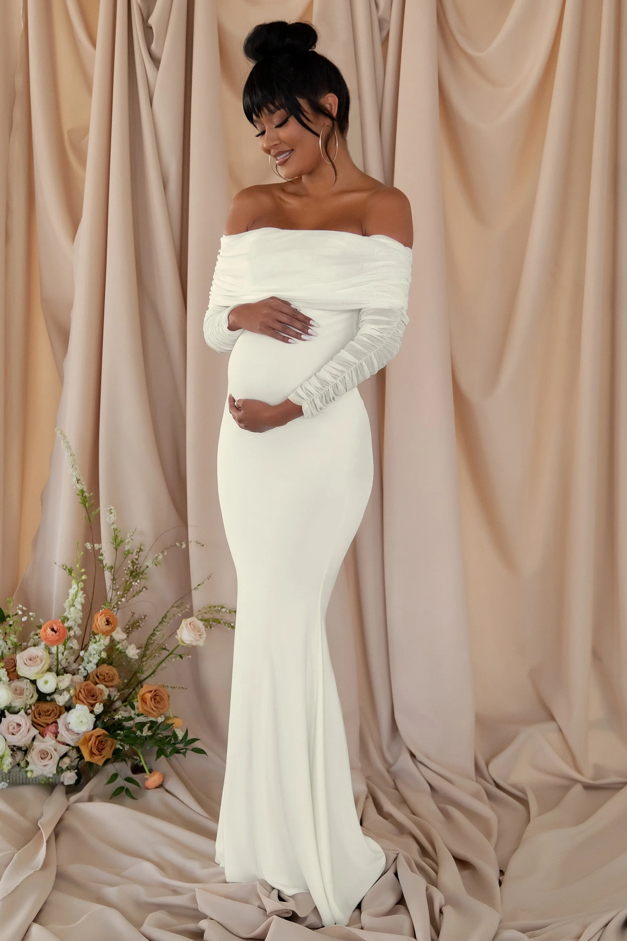 Pretty Perfect | White Maternity Ruched Mesh Bardot Maxi Dress sold by Club L London product image thumbnail 2