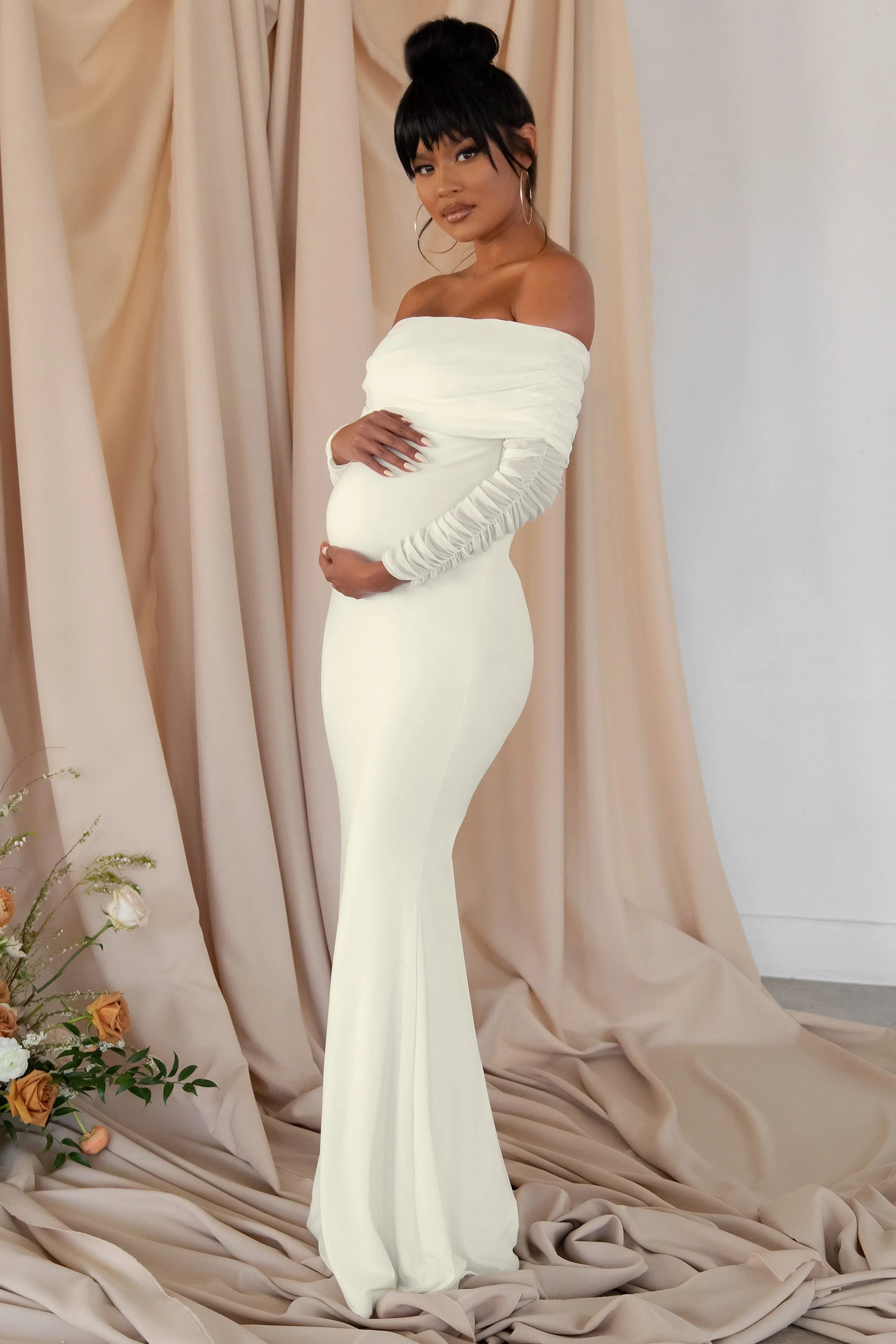 Pretty Perfect | White Maternity Ruched Mesh Bardot Maxi Dress sold by Club L London