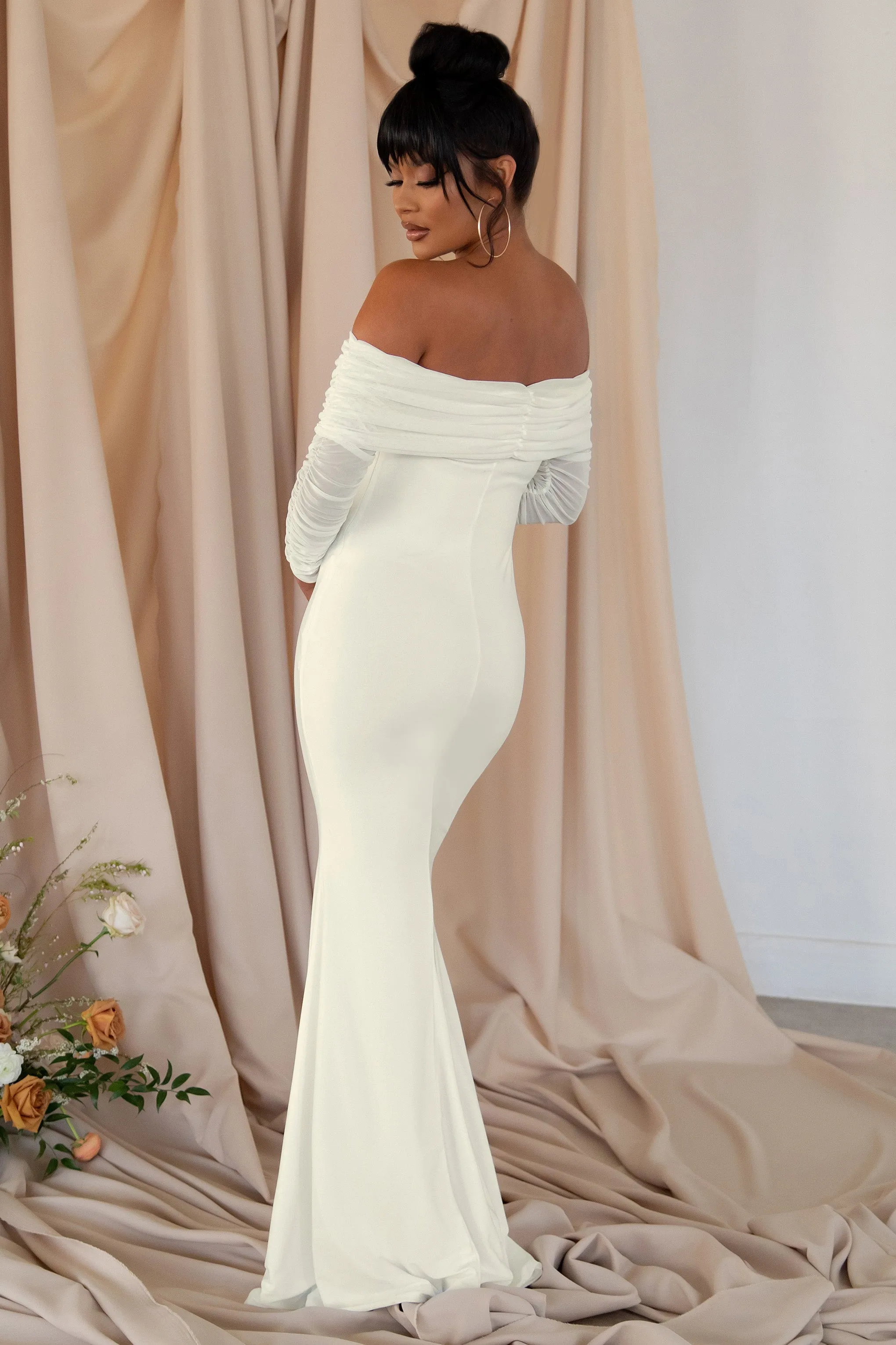 Pretty Perfect | White Maternity Ruched Mesh Bardot Maxi Dress sold by Club L London product image thumbnail 3