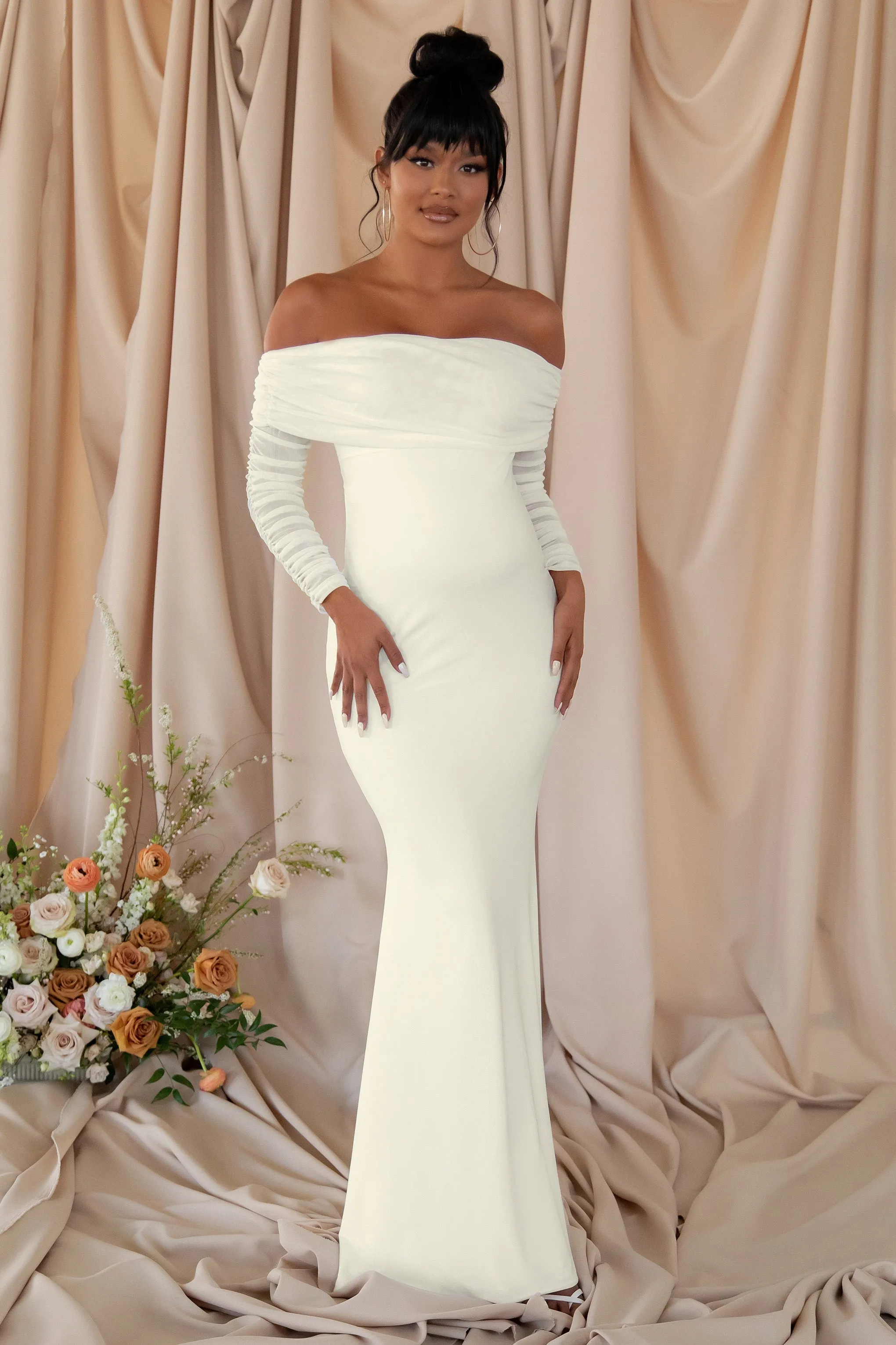 Pretty Perfect | White Maternity Ruched Mesh Bardot Maxi Dress sold by Club L London product image thumbnail 5