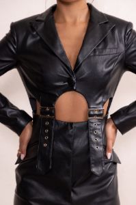Eloise | Black Faux Leather Plunge Buckle Cut Out Detail Blazer Mini Dress sold by Club L London