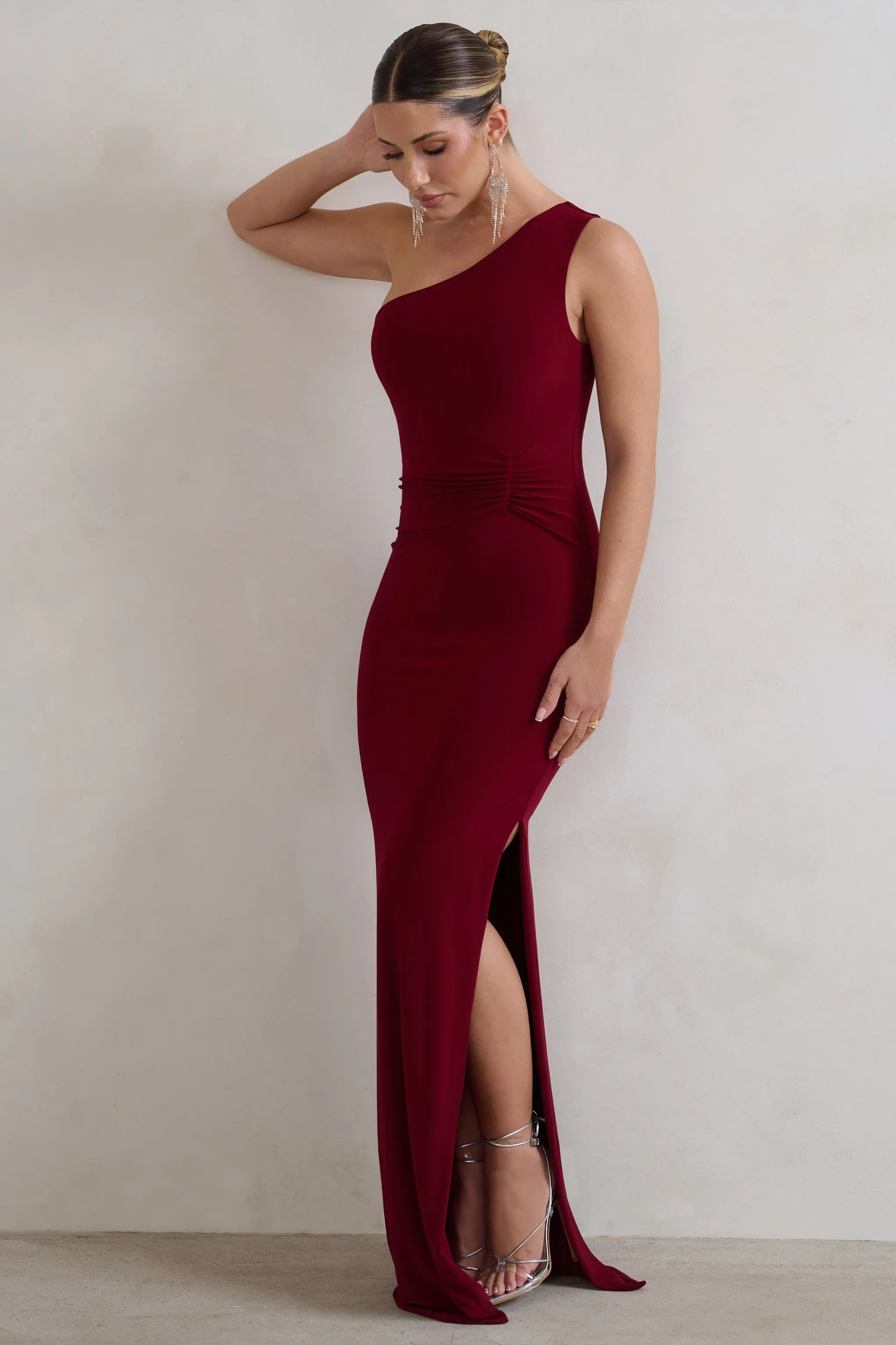 Kary | Berry One Shoulder Thigh Split Maxi Dress sold by Club L London product image thumbnail 4