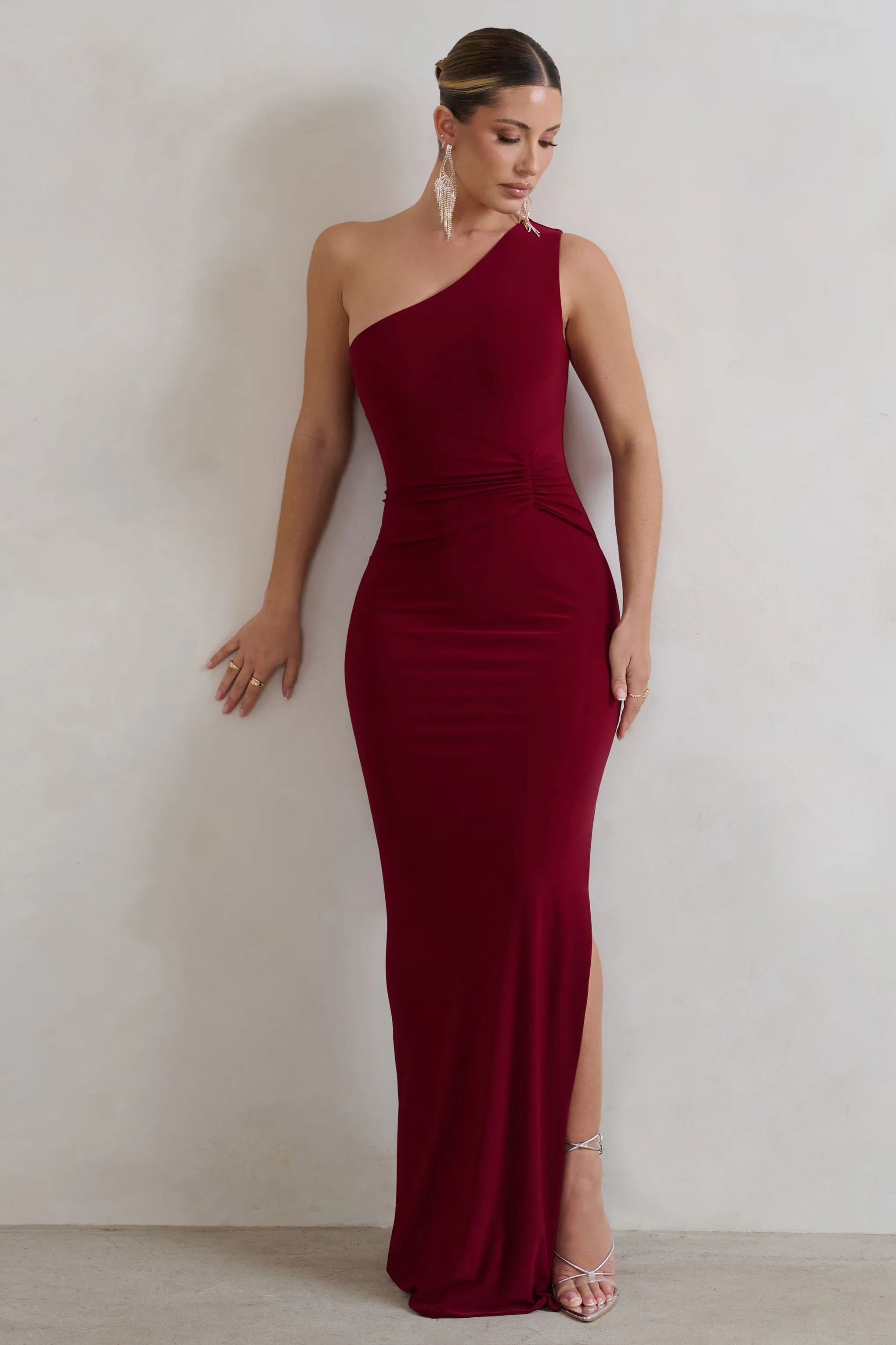 Kary | Berry One Shoulder Thigh Split Maxi Dress sold by Club L London