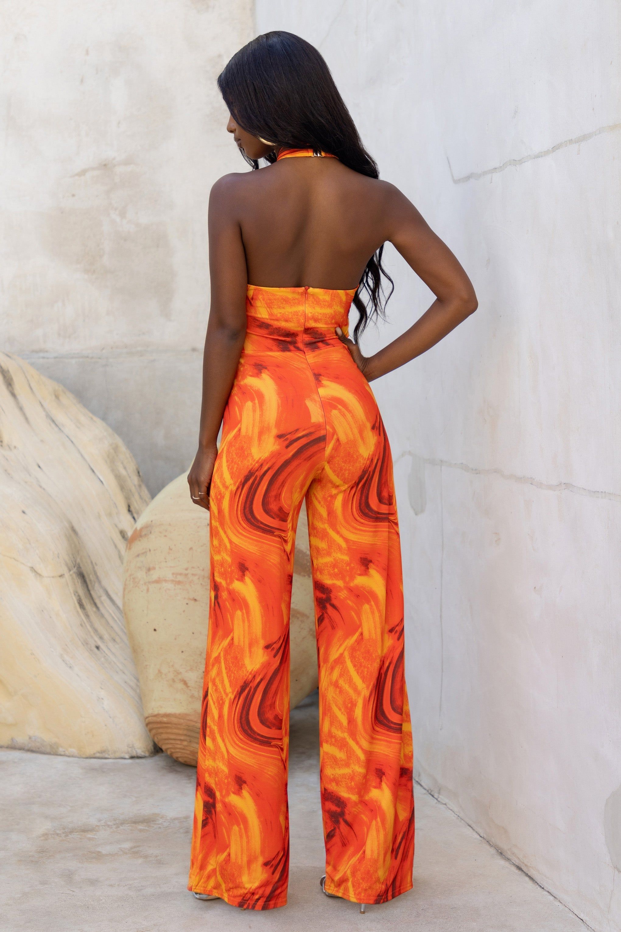 Stardust | Orange Print Halter Neck Cut Out Wide Leg Jumpsuit sold by Club L London product image thumbnail 2