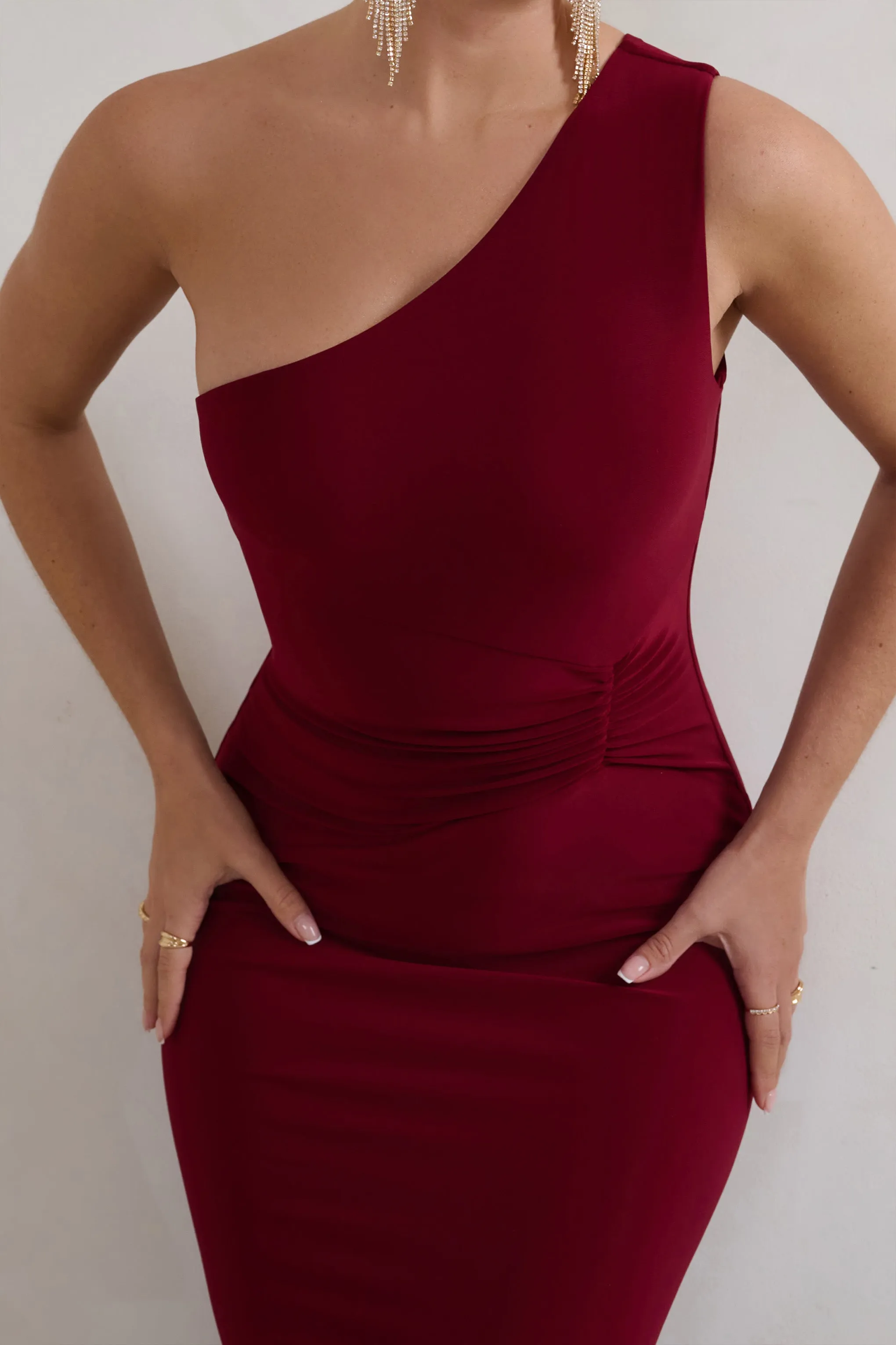 Kary | Berry One Shoulder Thigh Split Maxi Dress sold by Club L London product image thumbnail 3