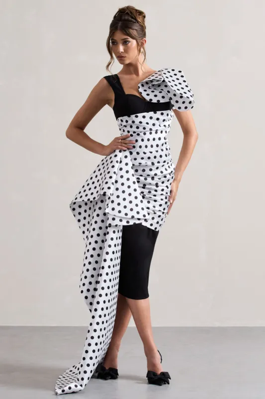 Unattainable | Black Polka Dot Wrap Midi Dress Volume Drape sold by Club L London