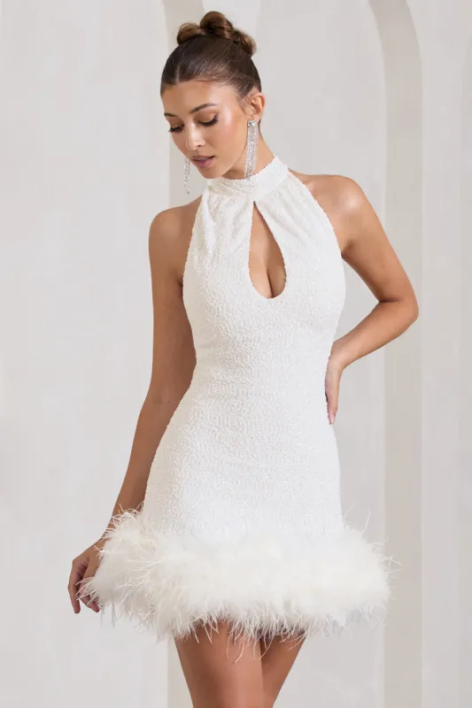 Tillie | White Sequin High Neck Trapeze Mini Dress With Feather Hem Detail sold by Club L London