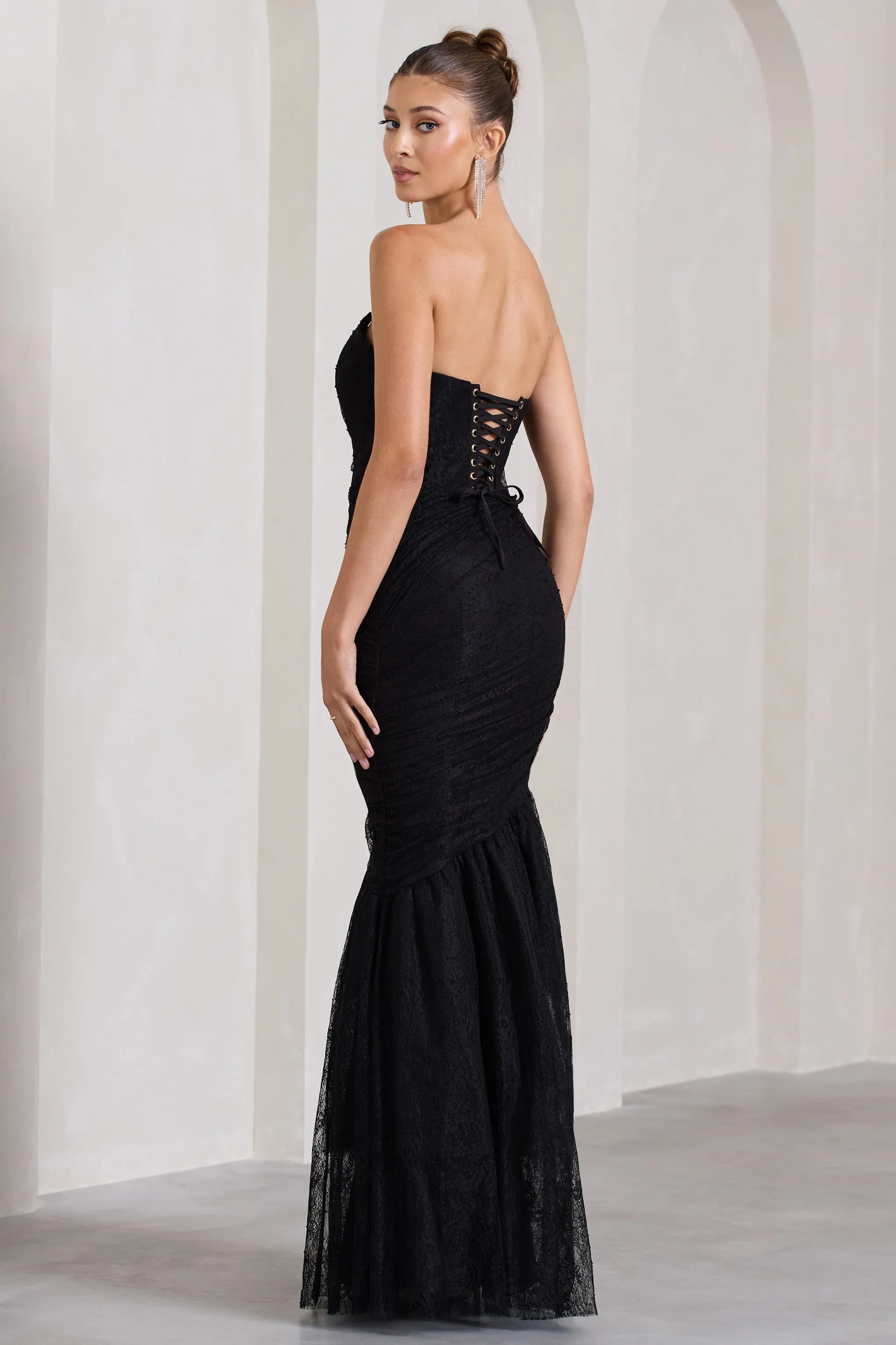Encapsulate | Black Lace Ruched Strapless Fishtail Maxi Dress sold by Club L London product image thumbnail 2