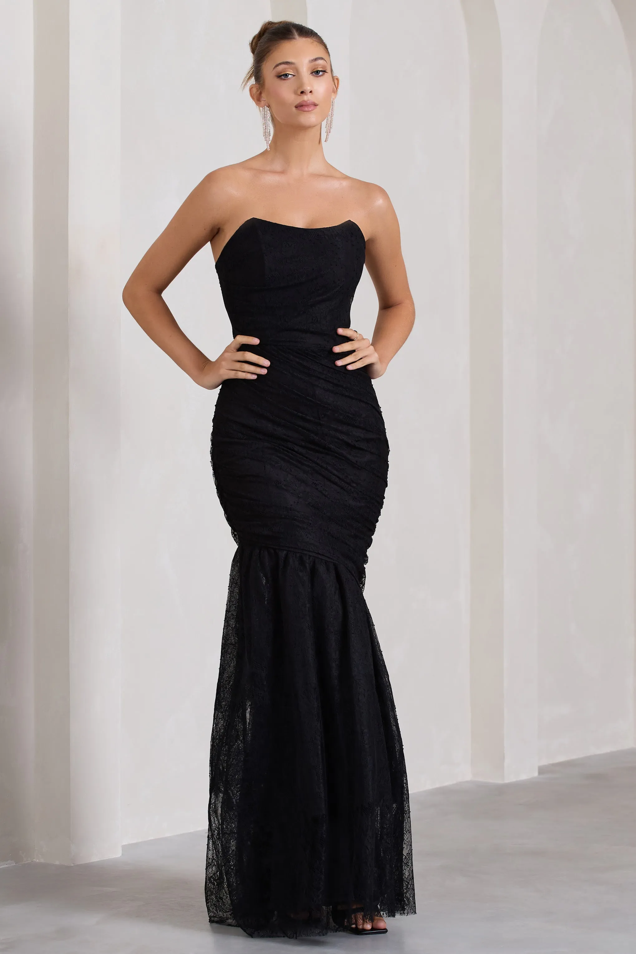 Encapsulate | Black Lace Ruched Strapless Fishtail Maxi Dress sold by Club L London product image thumbnail 4