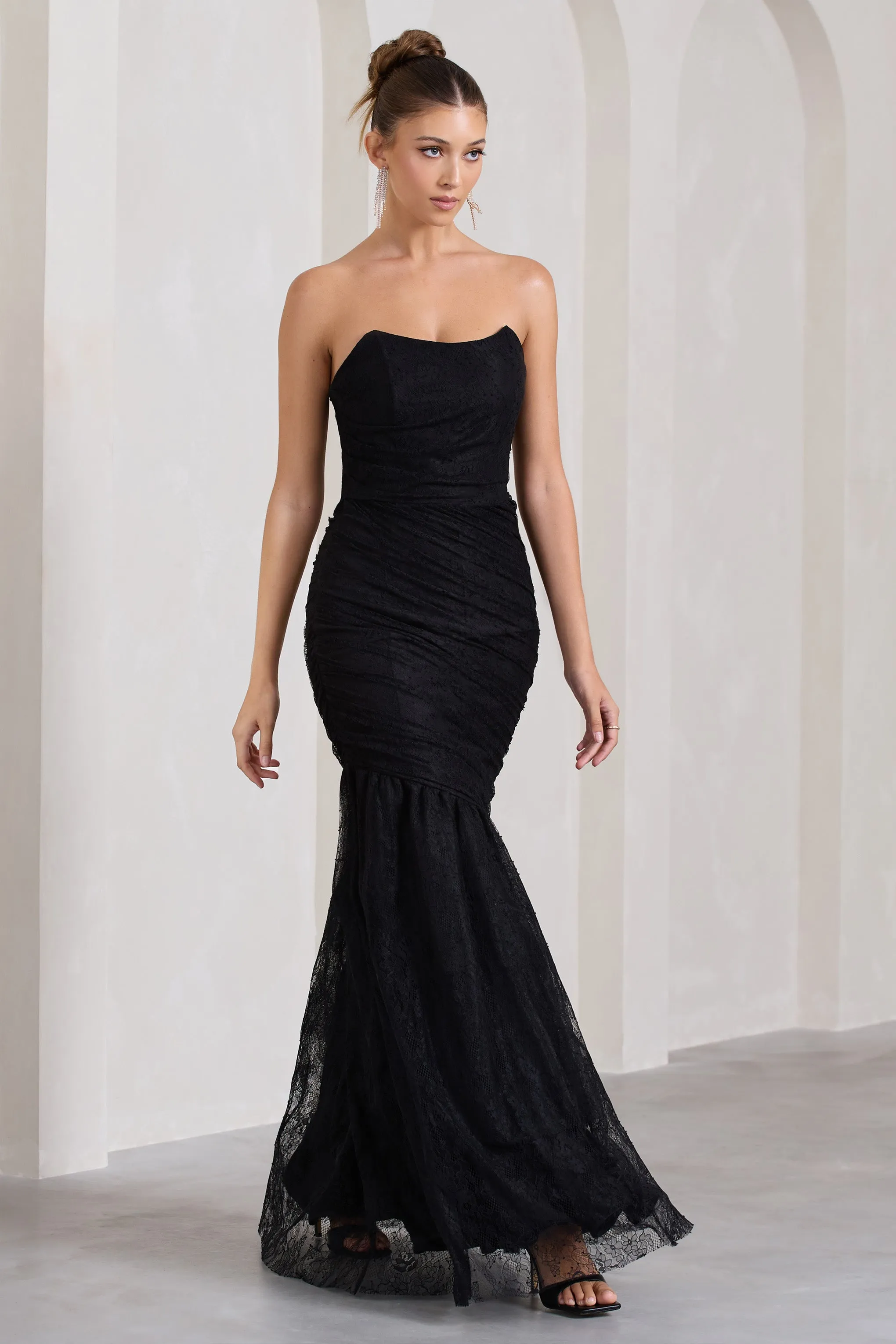 Encapsulate | Black Lace Ruched Strapless Fishtail Maxi Dress sold by Club L London product image thumbnail 5