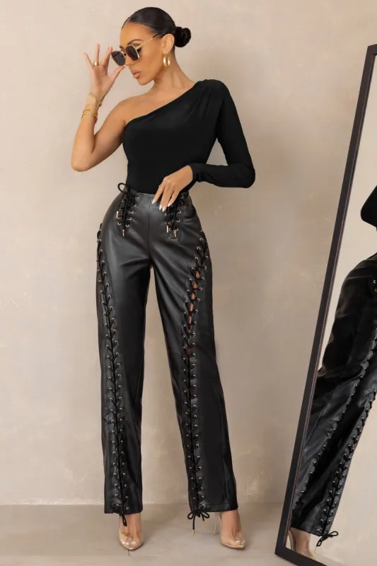Worthy | Black Lace-Up Detail Faux Leather Trousers sold by Club L London