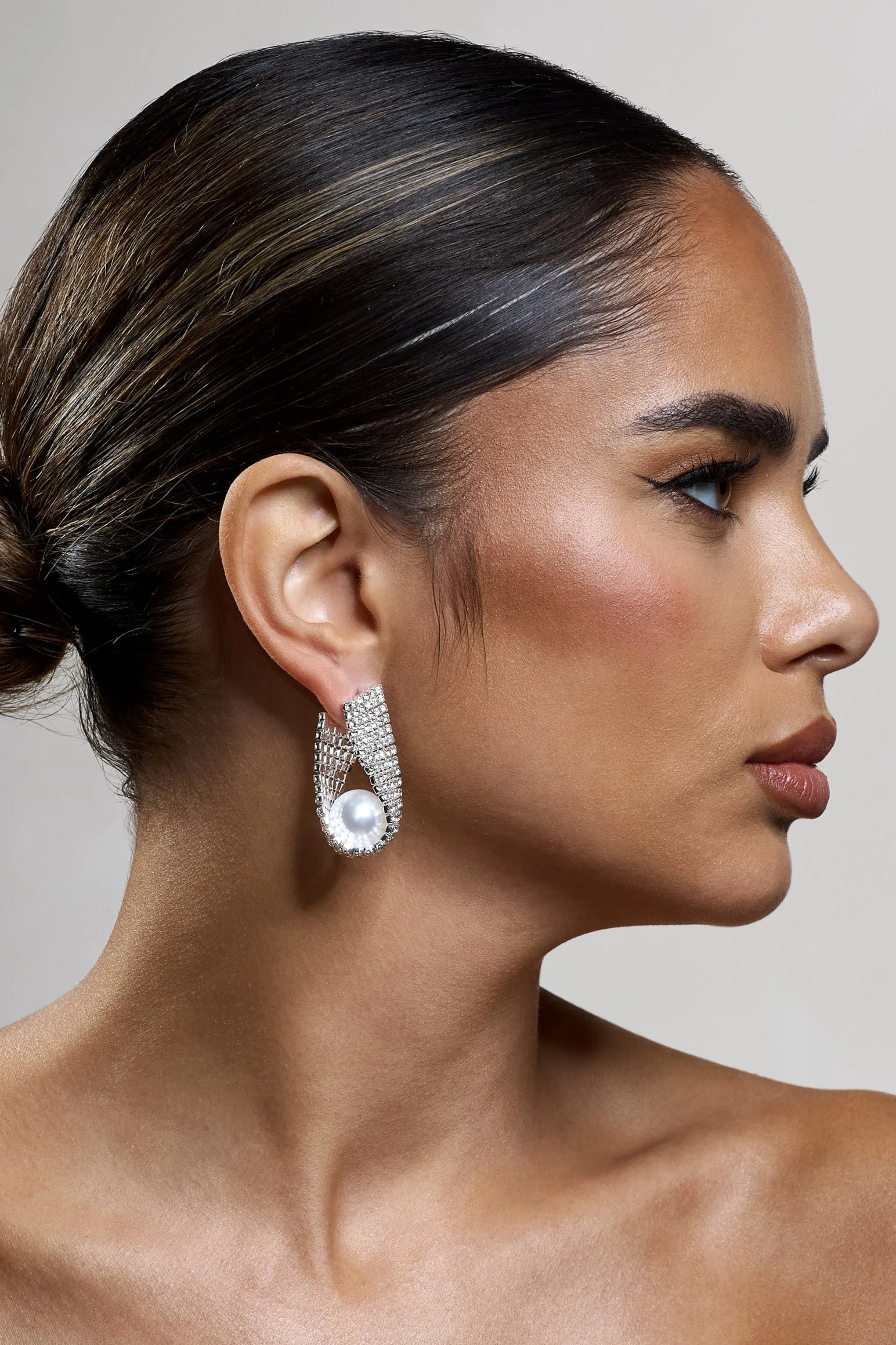 Lumen | Silver Diamante Pearl Statement Earrings sold by Club L London product image thumbnail 2