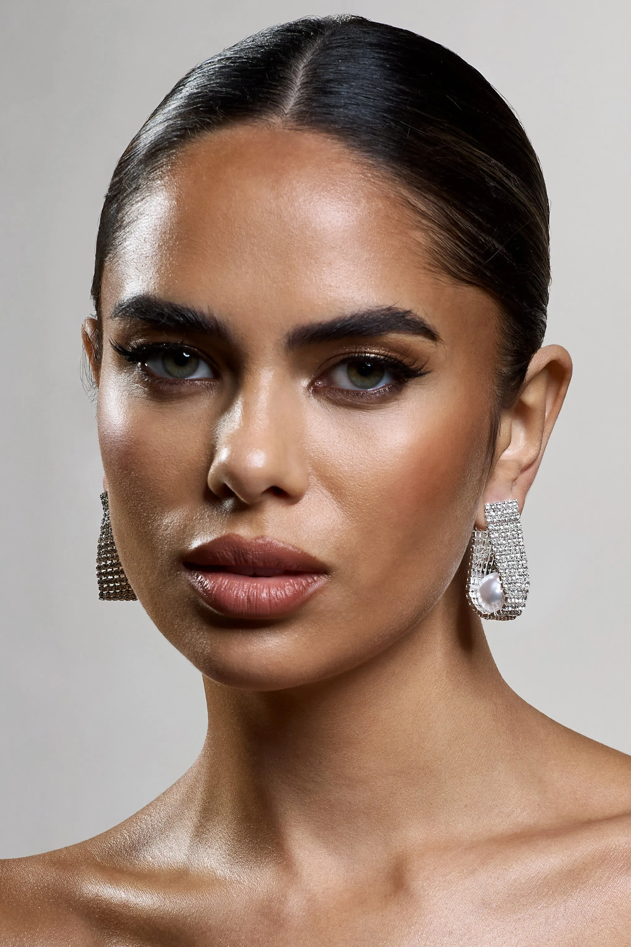 Lumen | Silver Diamante Pearl Statement Earrings sold by Club L London product image thumbnail 5