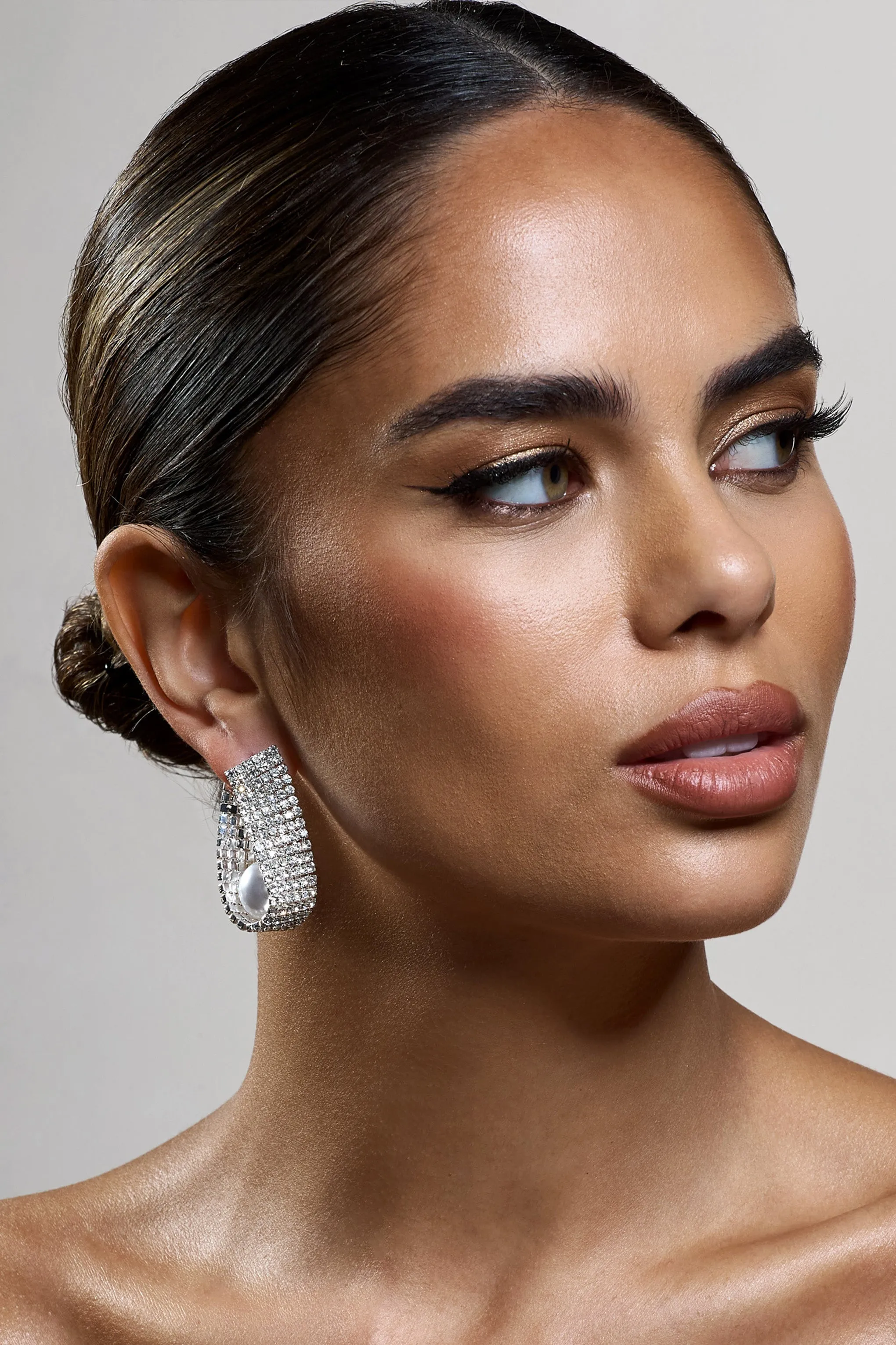 Lumen | Silver Diamante Pearl Statement Earrings sold by Club L London product image thumbnail 4