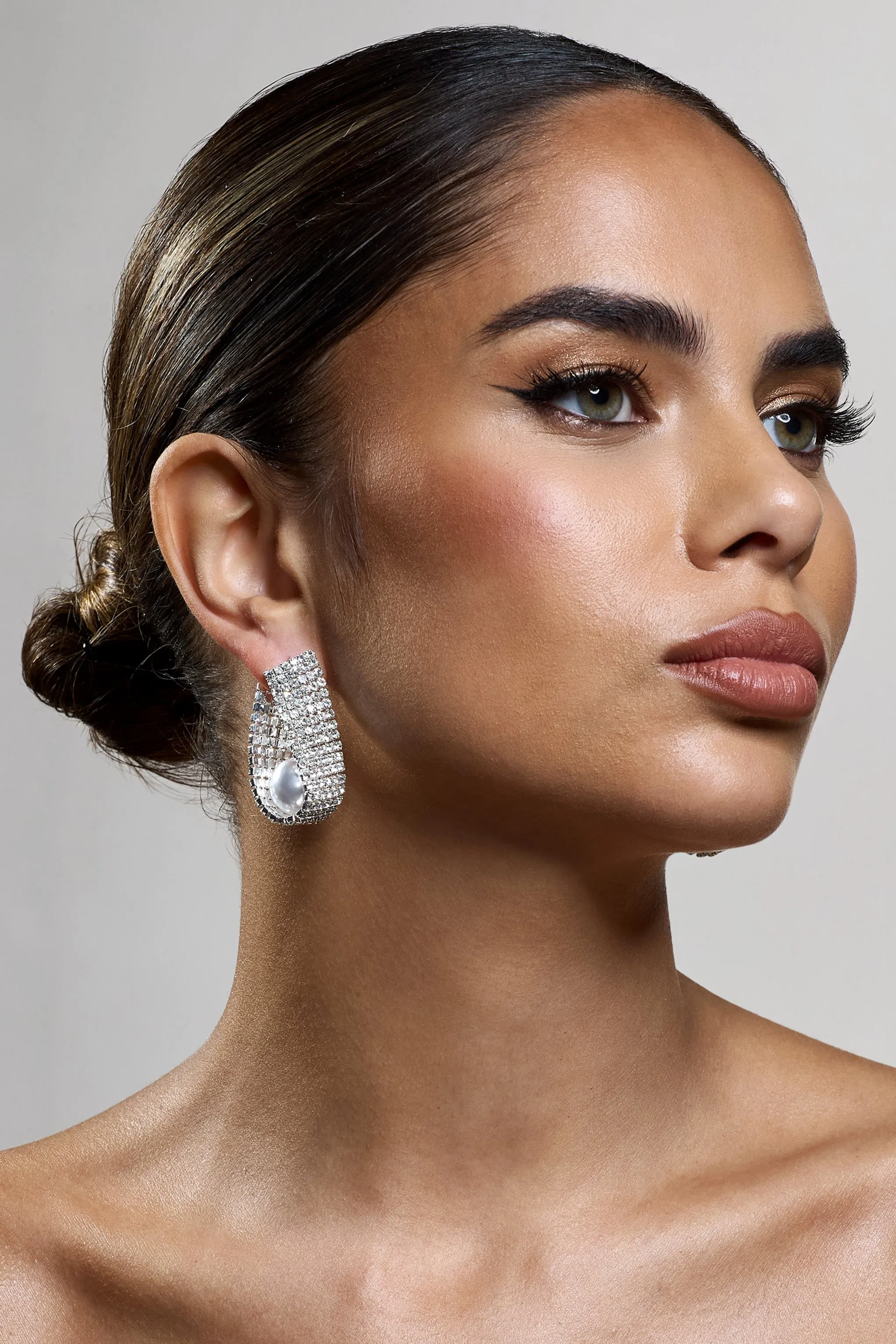 Lumen | Silver Diamante Pearl Statement Earrings sold by Club L London product image thumbnail 3