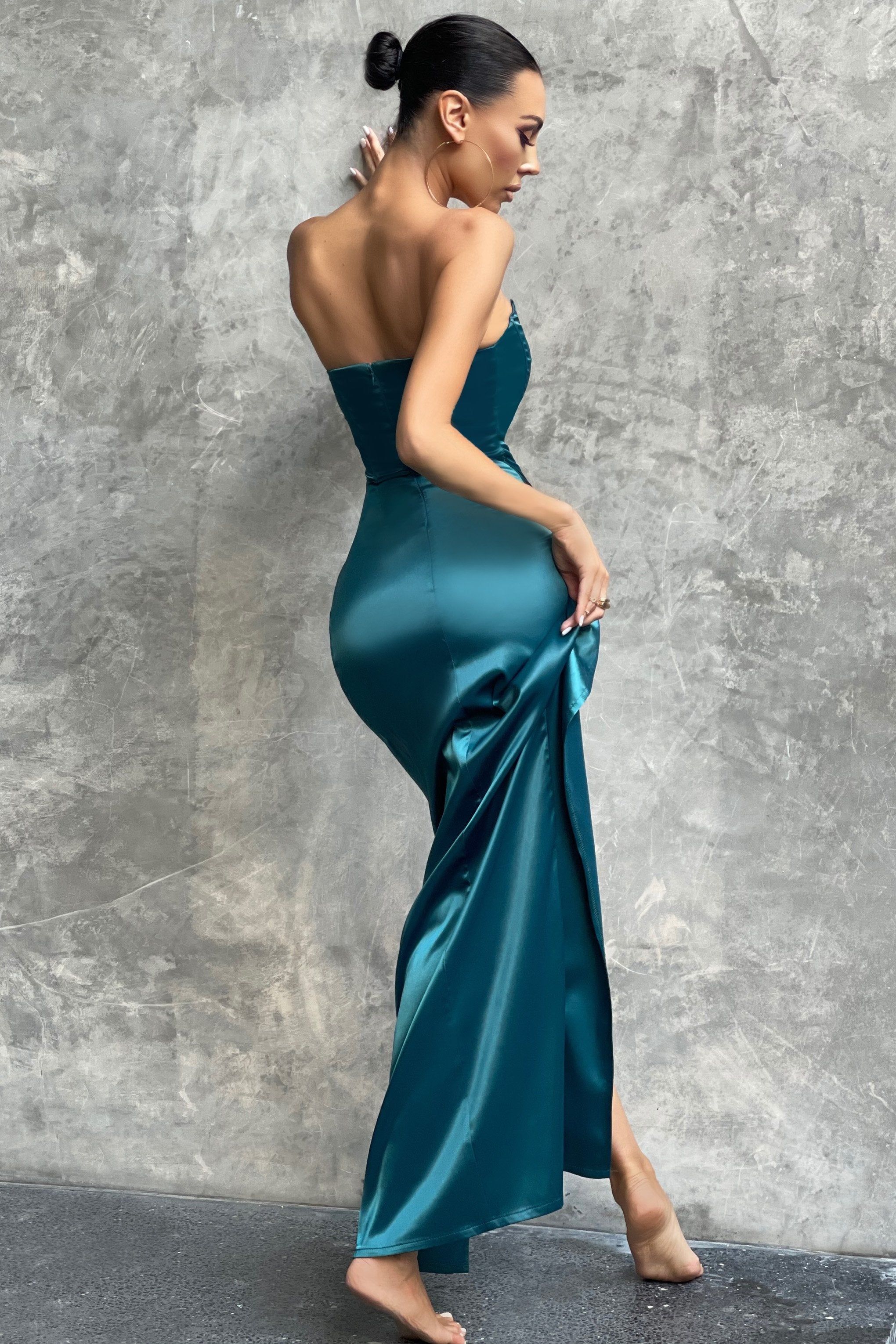 Romancing | Teal Satin Bandeau Corset Detail Maxi Dress sold by Club L London product image thumbnail 2