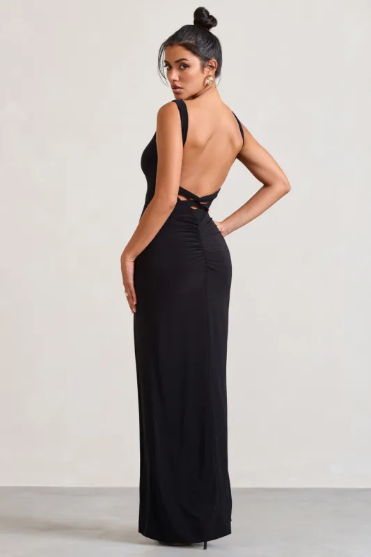 Elle | Black Square-Neck Open-Back Split Maxi Dress sold by Club L London