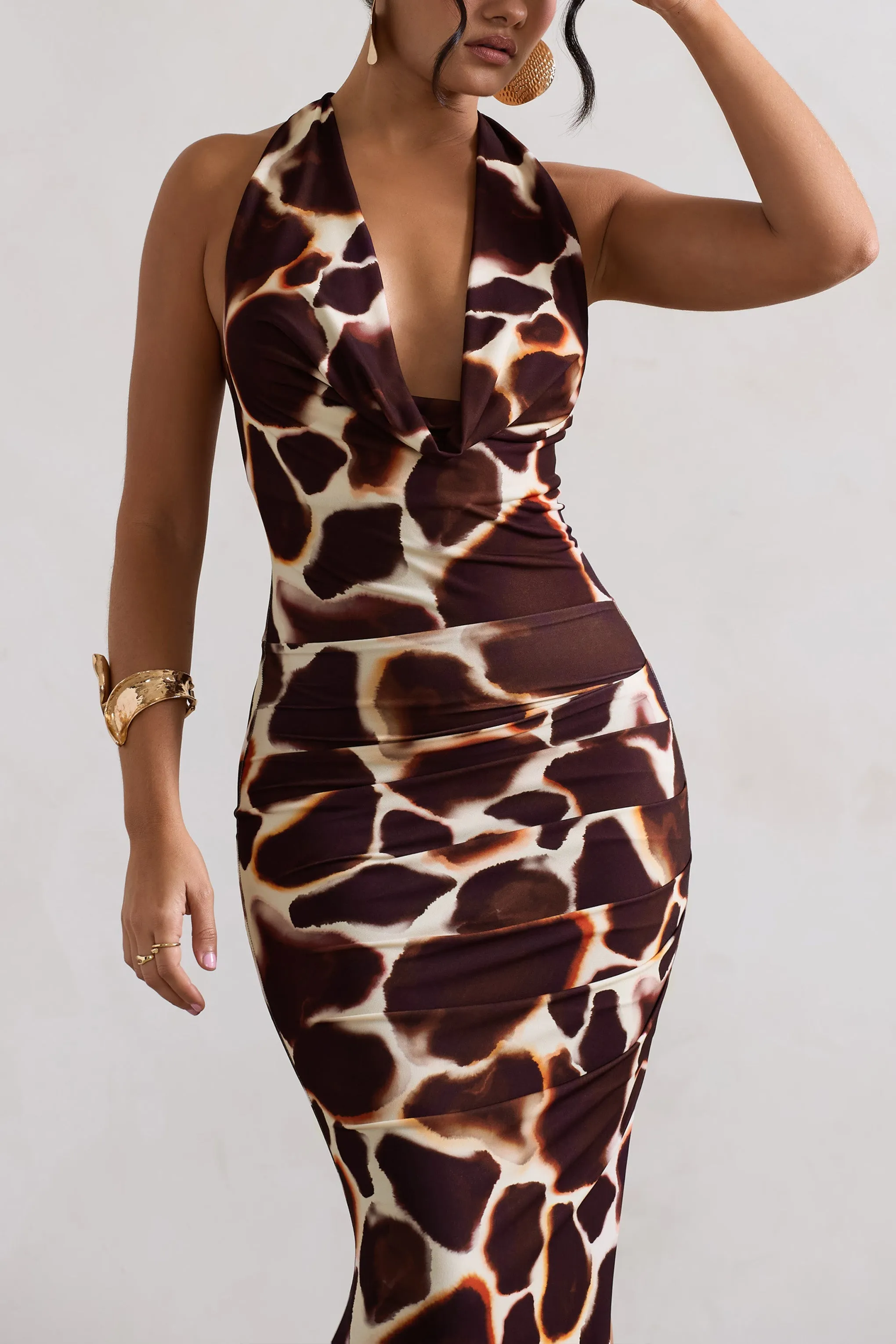 Tulum | Giraffe Print Cowl-Neck Gathered Split Maxi Dress sold by Club L London product image thumbnail 3
