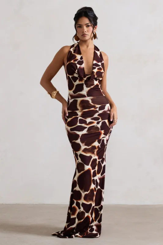 Tulum | Giraffe Print Cowl-Neck Gathered Split Maxi Dress sold by Club L London