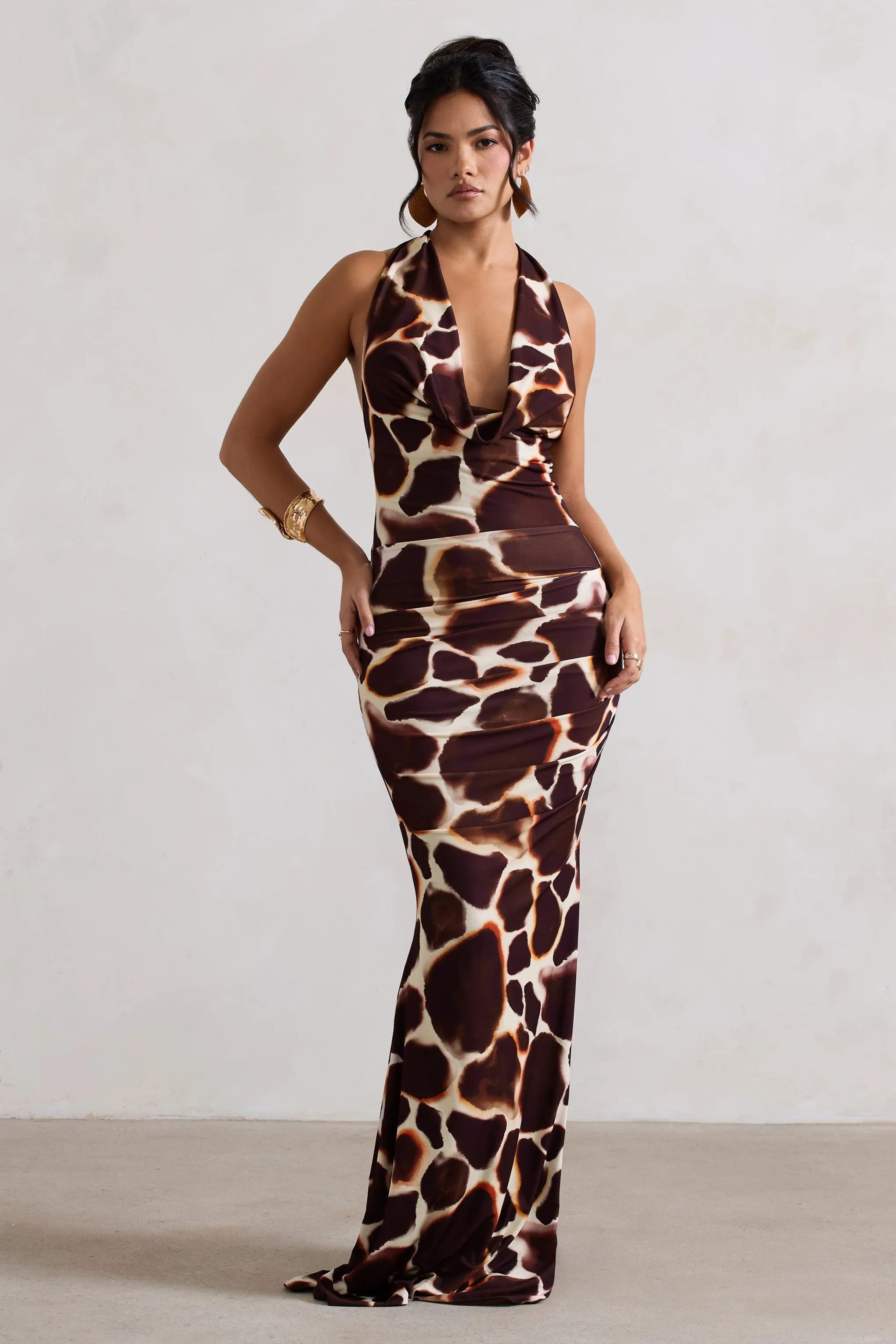 Tulum | Giraffe Print Cowl-Neck Gathered Split Maxi Dress sold by Club L London