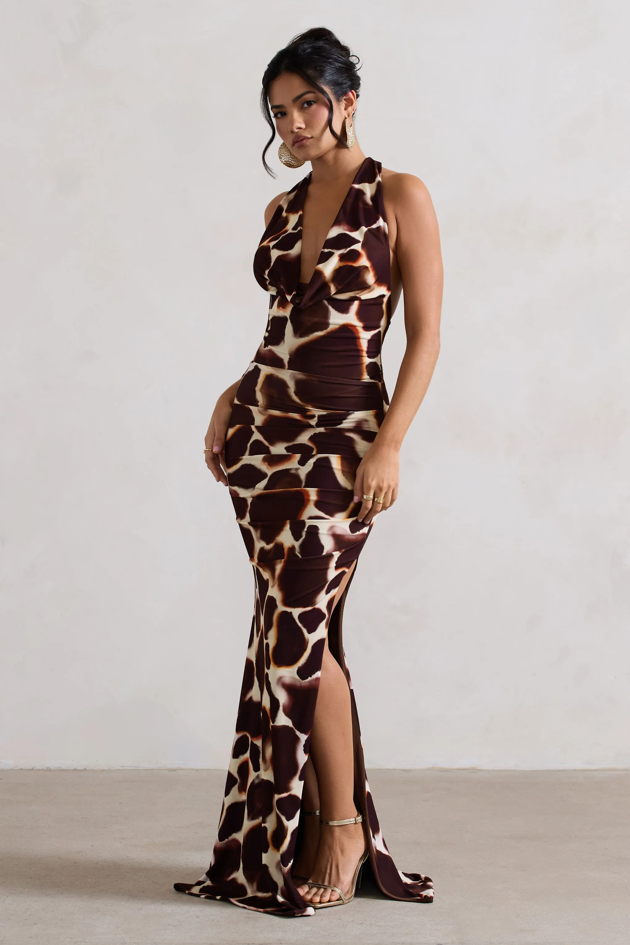 Tulum | Giraffe Print Cowl-Neck Gathered Split Maxi Dress sold by Club L London product image thumbnail 4