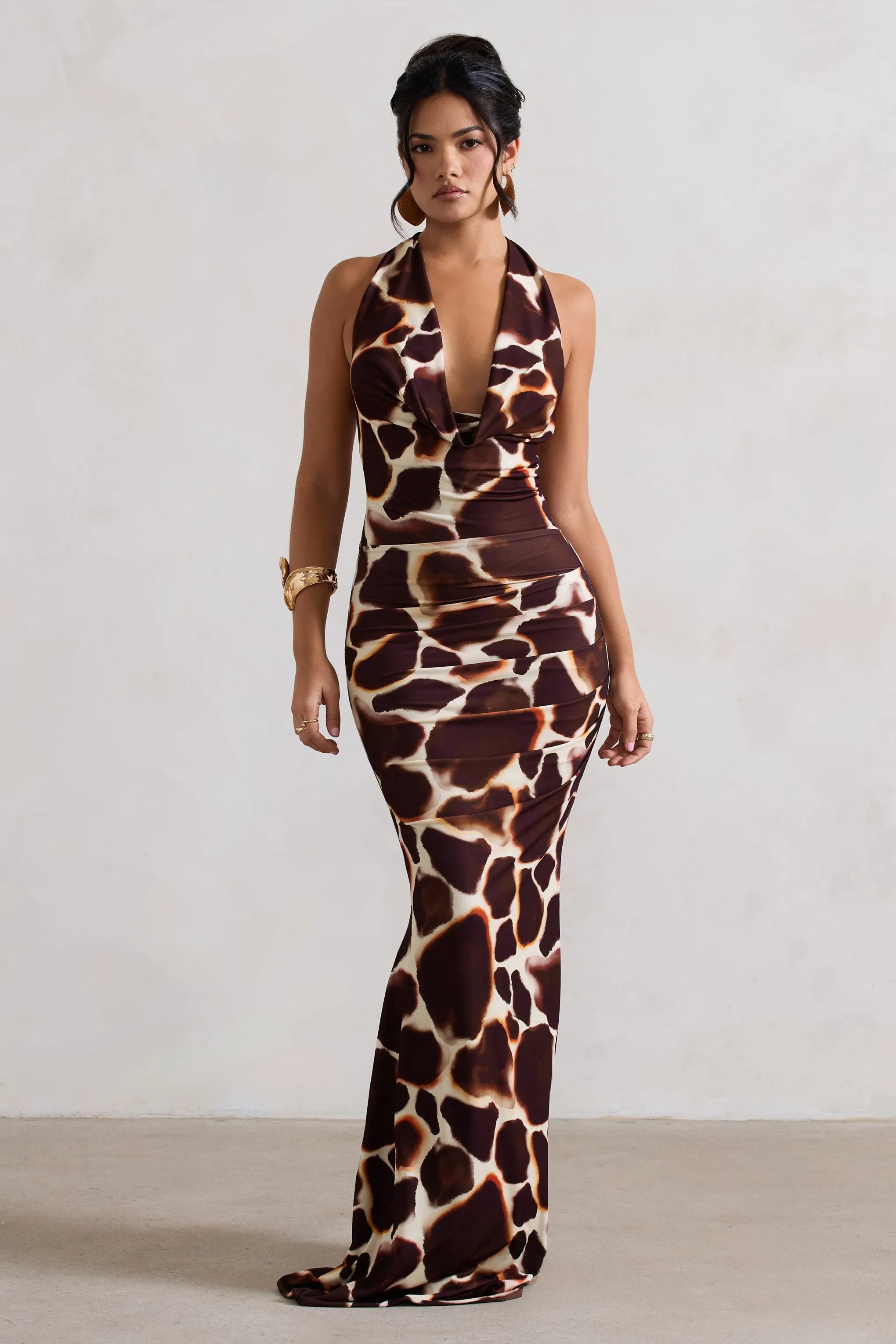 Tulum | Giraffe Print Cowl-Neck Gathered Split Maxi Dress sold by Club L London product image thumbnail 5