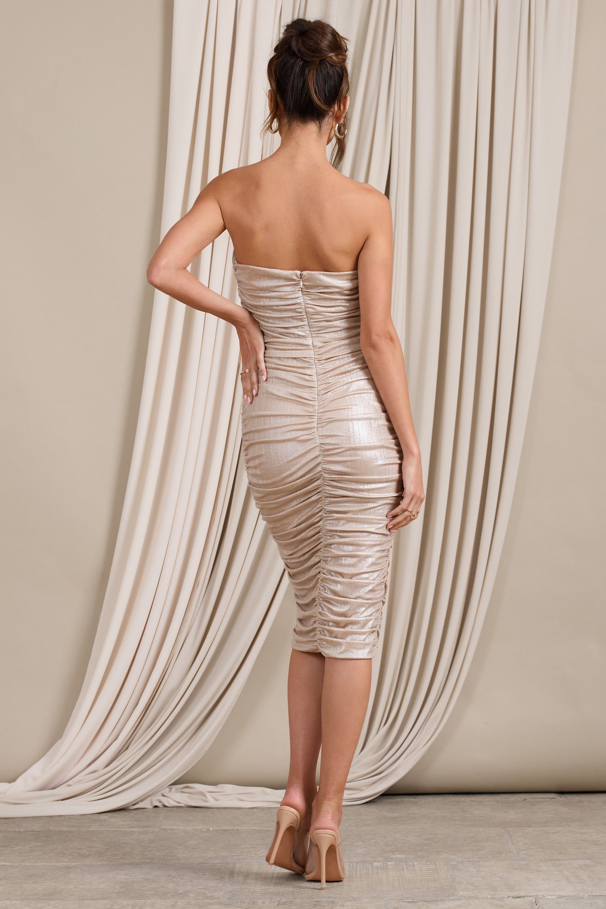 Stately | Champagne Cut-Out Ruched Bodycon Midi Dress sold by Club L London product image thumbnail 2
