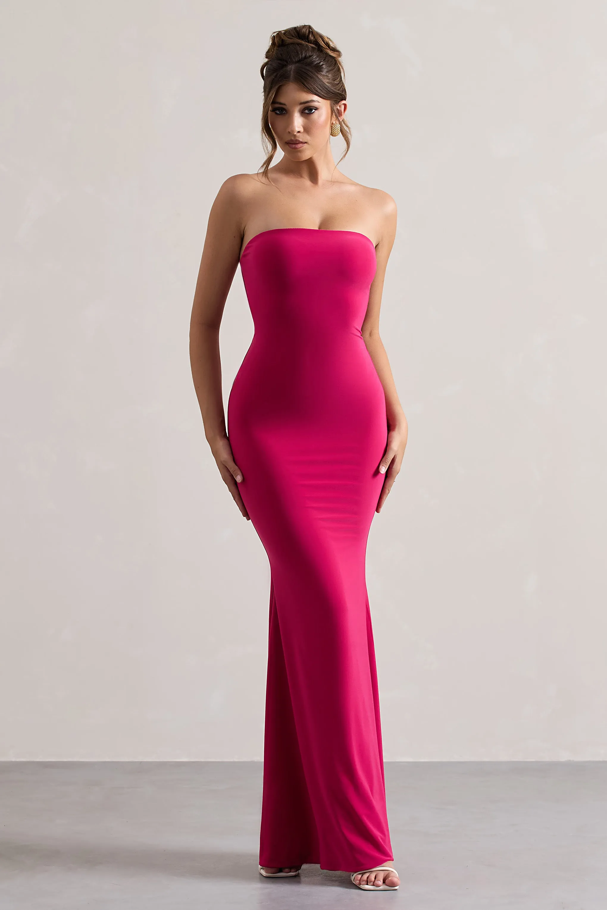 Ceremony | Hot Pink Bandeau Fishtail Maxi Dress sold by Club L London