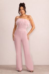First Class | Pink Bandeau Feather Wide Leg Jumpsuit sold by Club L London