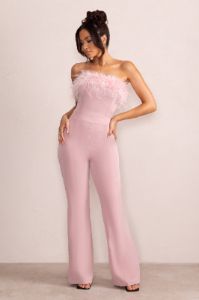First Class | Pink Bandeau Feather Wide Leg Jumpsuit sold by Club L London
