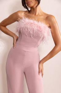 First Class | Pink Bandeau Feather Wide Leg Jumpsuit sold by Club L London