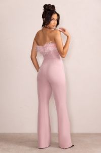 First Class | Pink Bandeau Feather Wide Leg Jumpsuit sold by Club L London