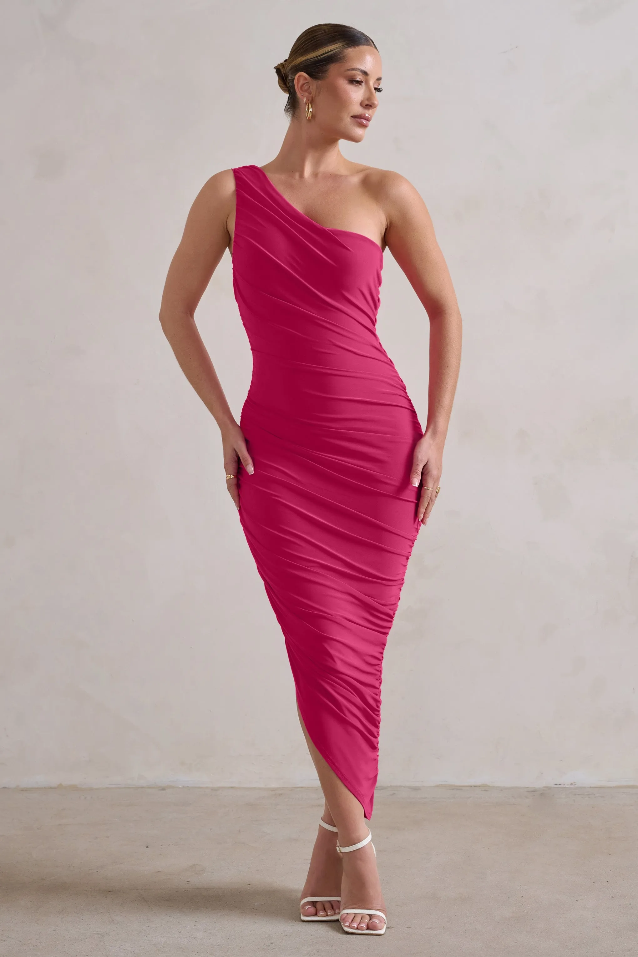 Dorit | Hot Pink One Shoulder Asymmetric Ruched Midi Dress sold by Club L London product image thumbnail 4