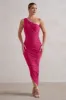 Dorit | Hot Pink One Shoulder Asymmetric Ruched Midi Dress sold by Club L London