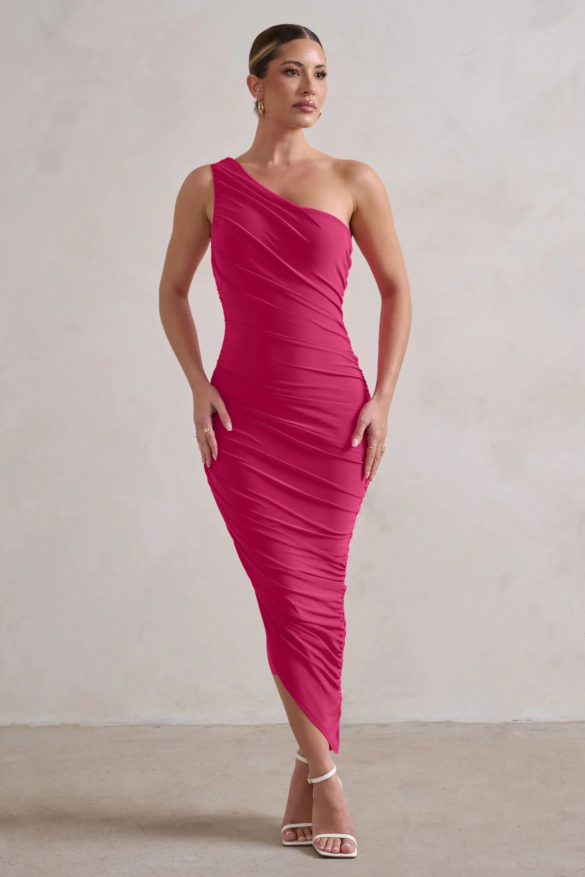 Dorit | Hot Pink One Shoulder Asymmetric Ruched Midi Dress sold by Club L London