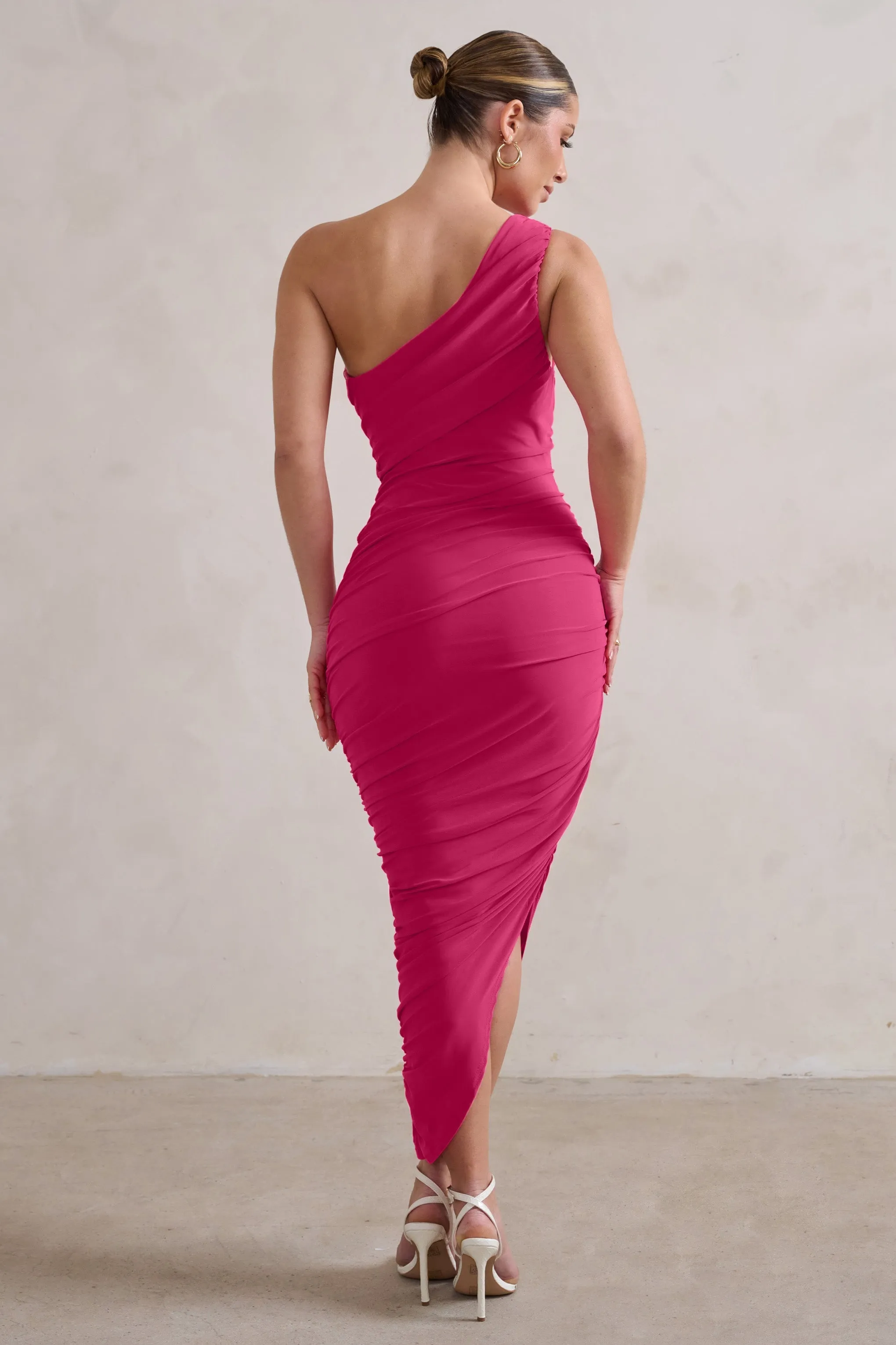 Dorit | Hot Pink One Shoulder Asymmetric Ruched Midi Dress sold by Club L London product image thumbnail 2