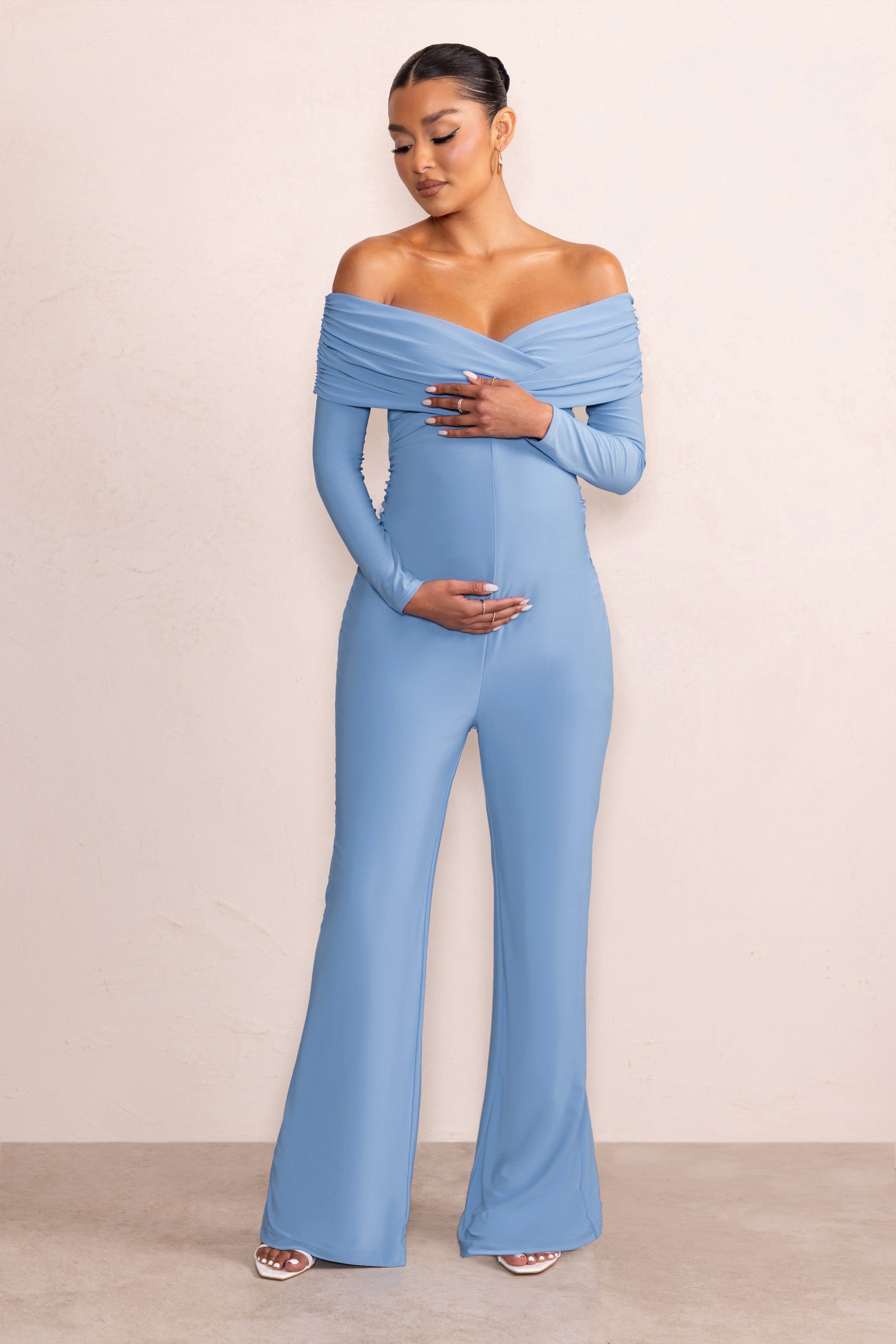Nuala | Powder Blue Bardot Maternity Jumpsuit with Long Sleeves sold by Club L London