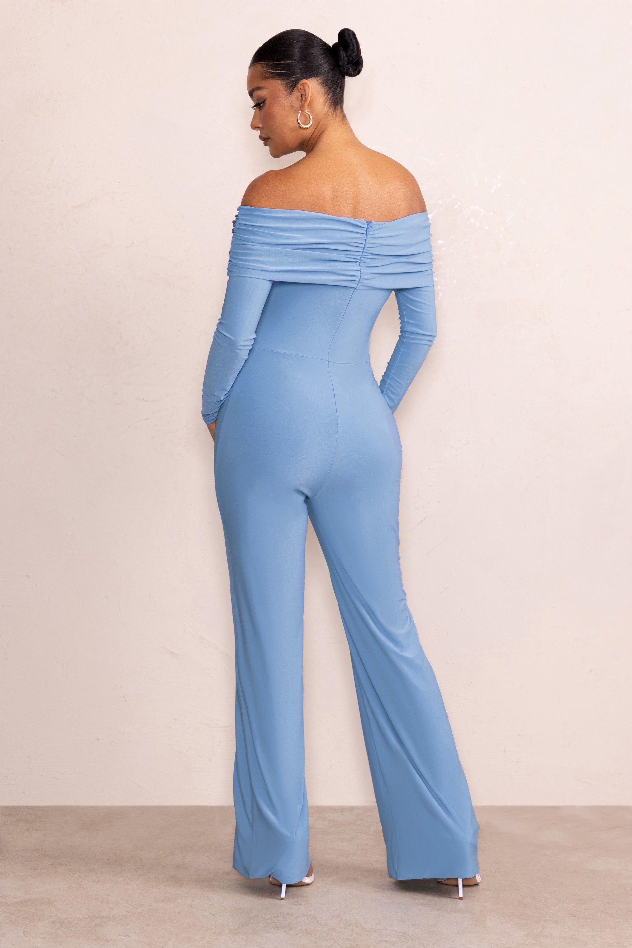 Nuala | Powder Blue Bardot Maternity Jumpsuit with Long Sleeves sold by Club L London product image thumbnail 2