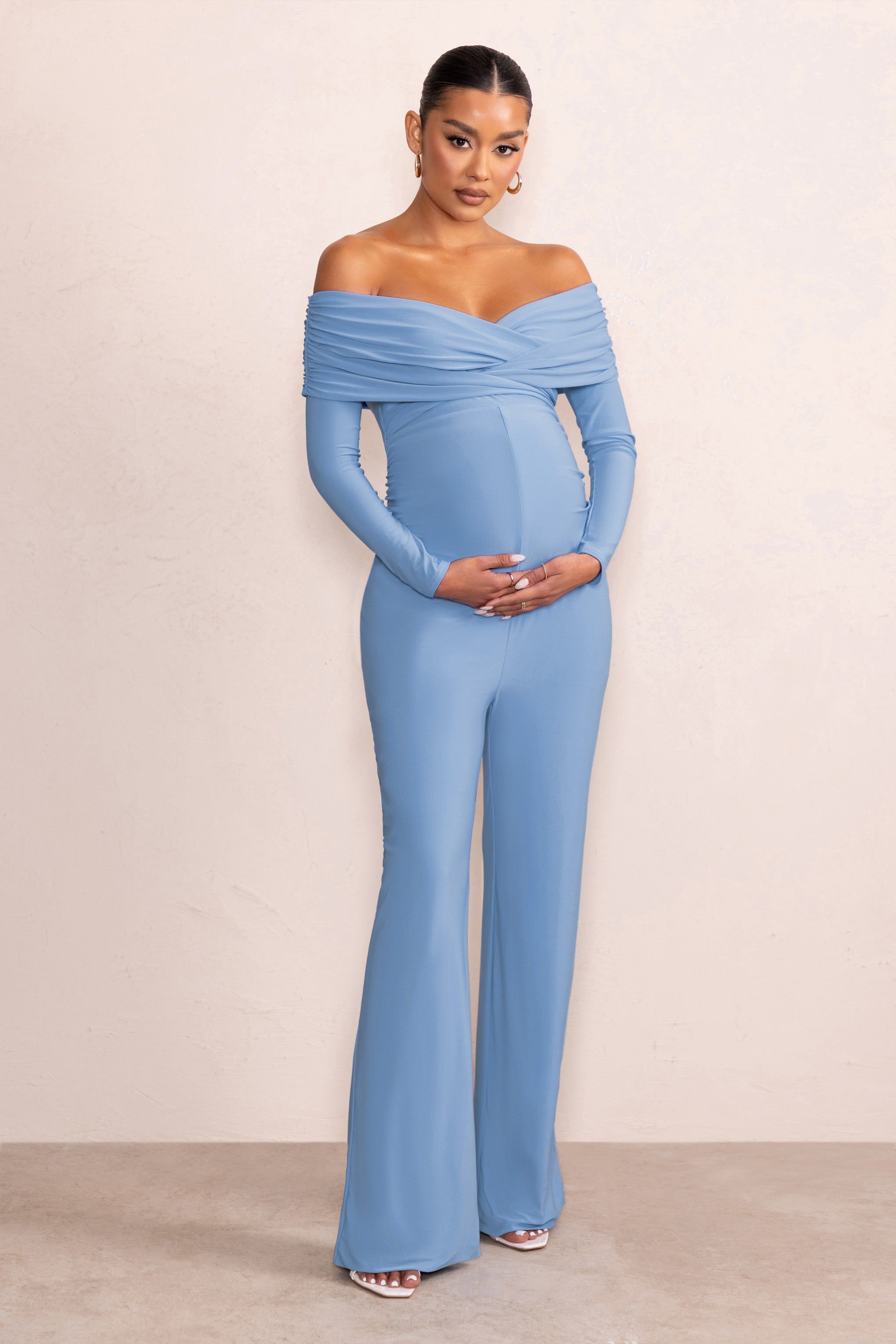 Nuala | Powder Blue Bardot Maternity Jumpsuit with Long Sleeves sold by Club L London product image thumbnail 4