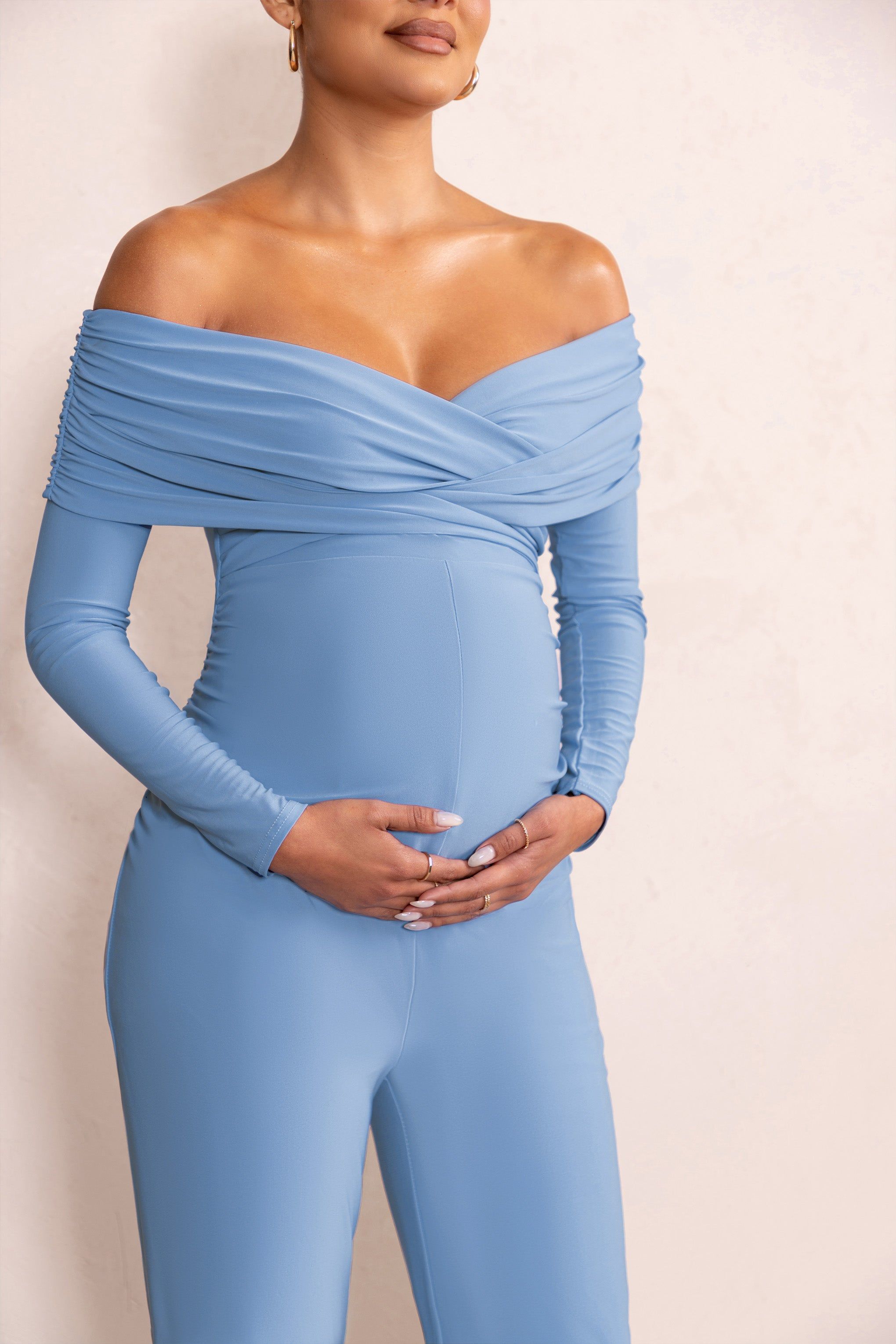 Nuala | Powder Blue Bardot Maternity Jumpsuit with Long Sleeves sold by Club L London product image thumbnail 3