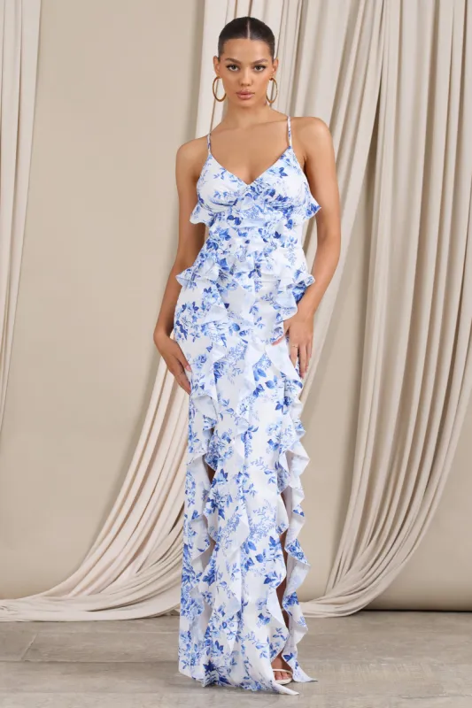 Syrah | Blue Floral Ruffled Strappy Maxi Dress sold by Club L London