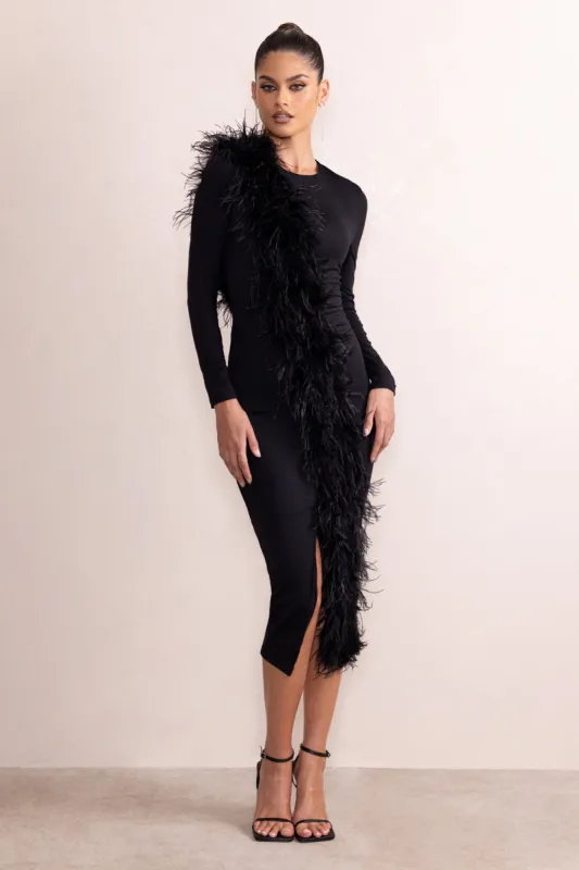 Claire | Black High Neck Split Front Long Sleeve Midi Dress With Feather Detail sold by Club L London