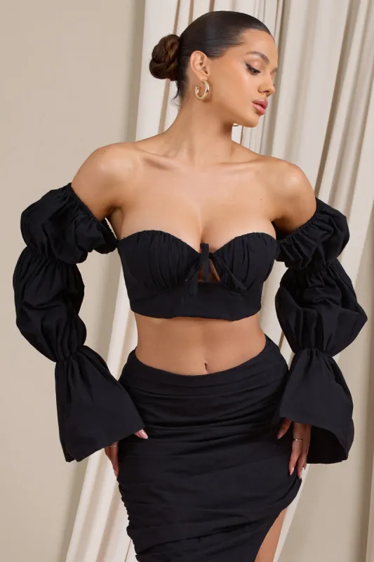 Roman | Black Bardot Puff-Sleeved Crop Top sold by Club L London