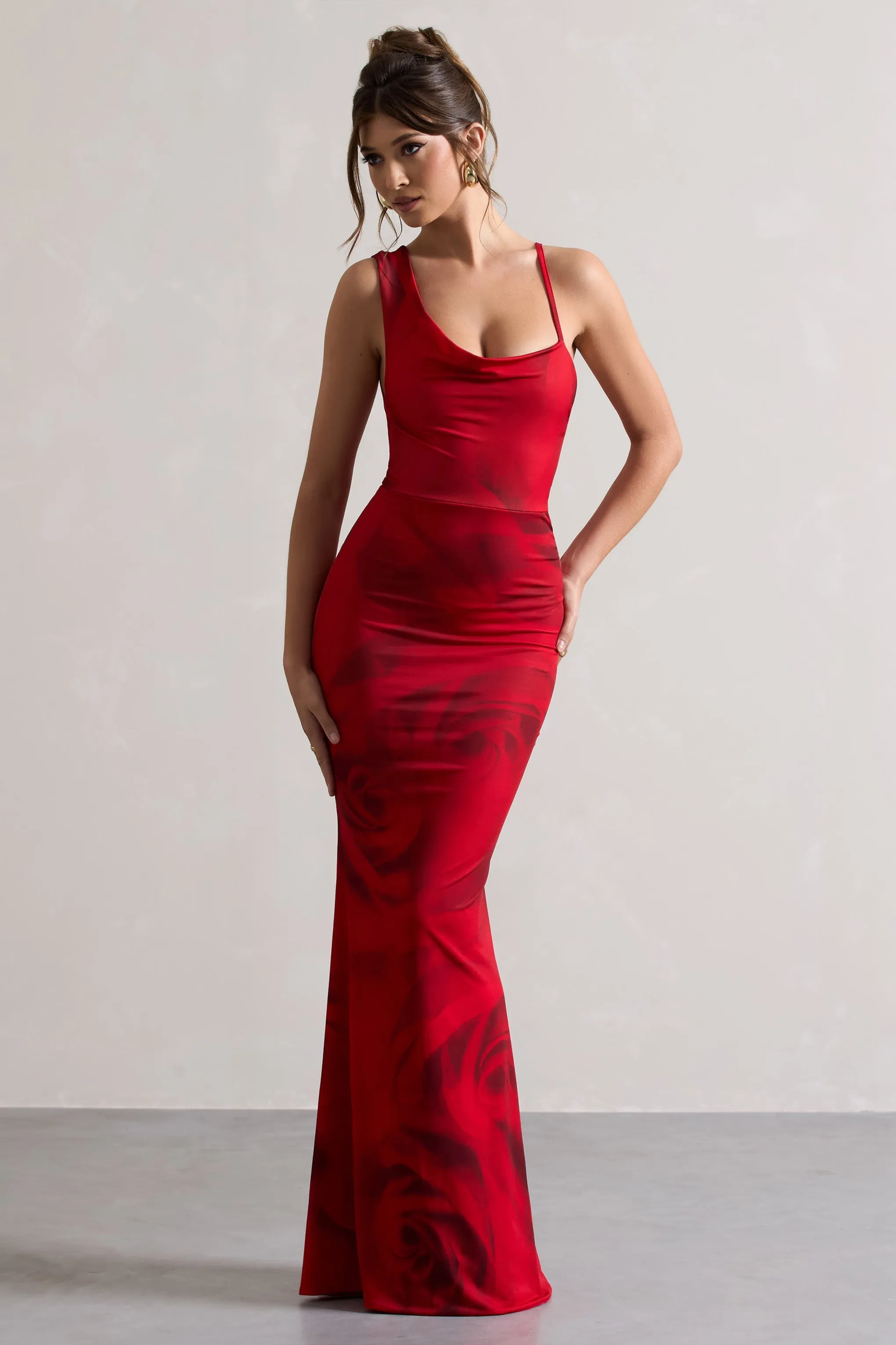 Phantasy | Red Rose Print Asymmetric Neckline Cowl Maxi Dress sold by Club L London product image thumbnail 3