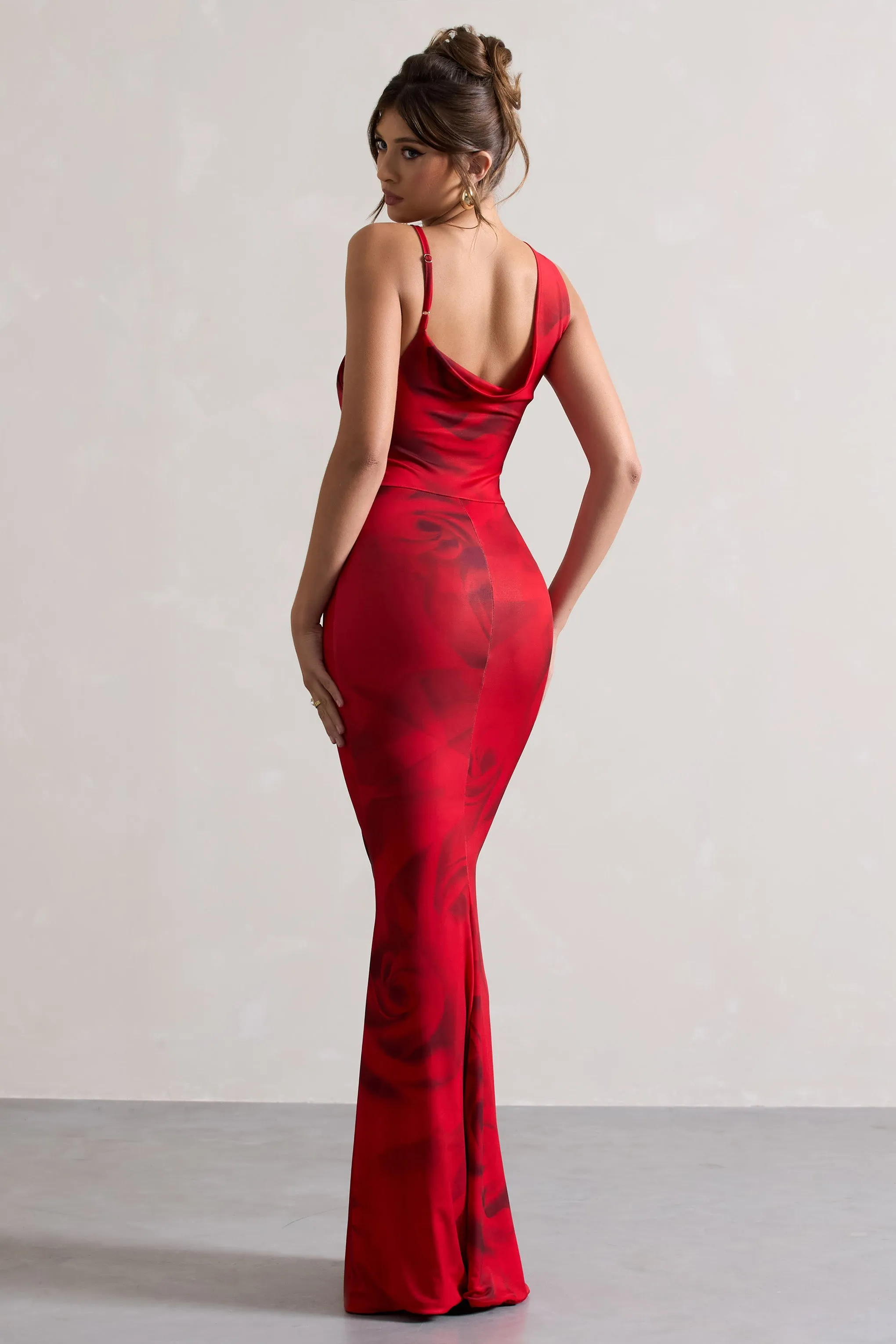 Phantasy | Red Rose Print Asymmetric Neckline Cowl Maxi Dress sold by Club L London product image thumbnail 2