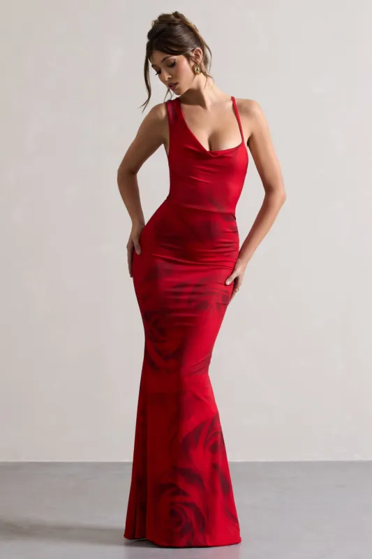 Phantasy | Red Rose Print Asymmetric Neckline Cowl Maxi Dress sold by Club L London