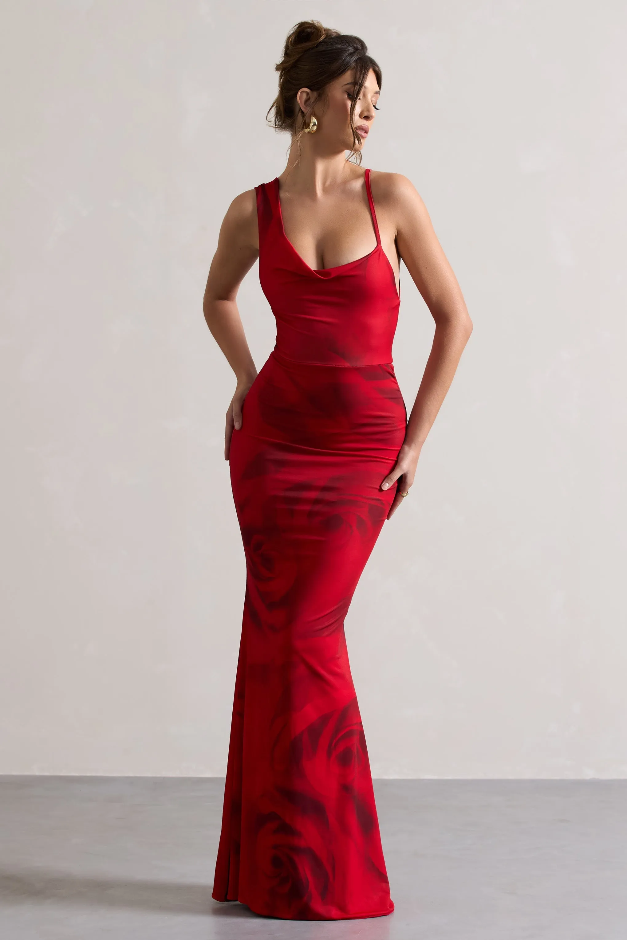 Phantasy | Red Rose Print Asymmetric Neckline Cowl Maxi Dress sold by Club L London product image thumbnail 4