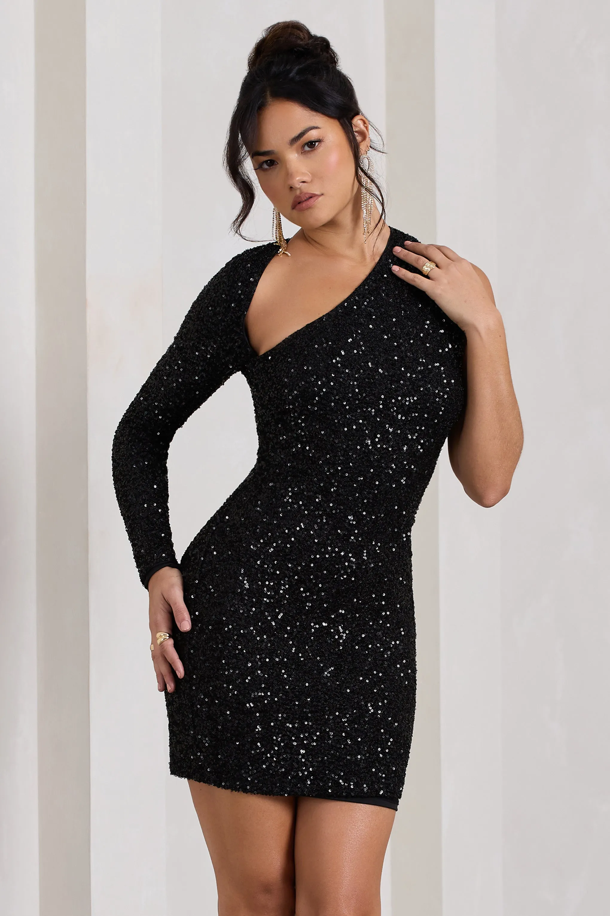 Siren | Black Sequin One Shoulder Bodycon Mini Dress sold by Club L London
