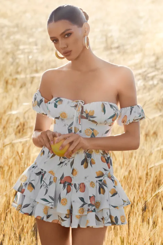 Piazza Play | Lemon Print Ruffled Corset Bardot Playsuit sold by Club L London