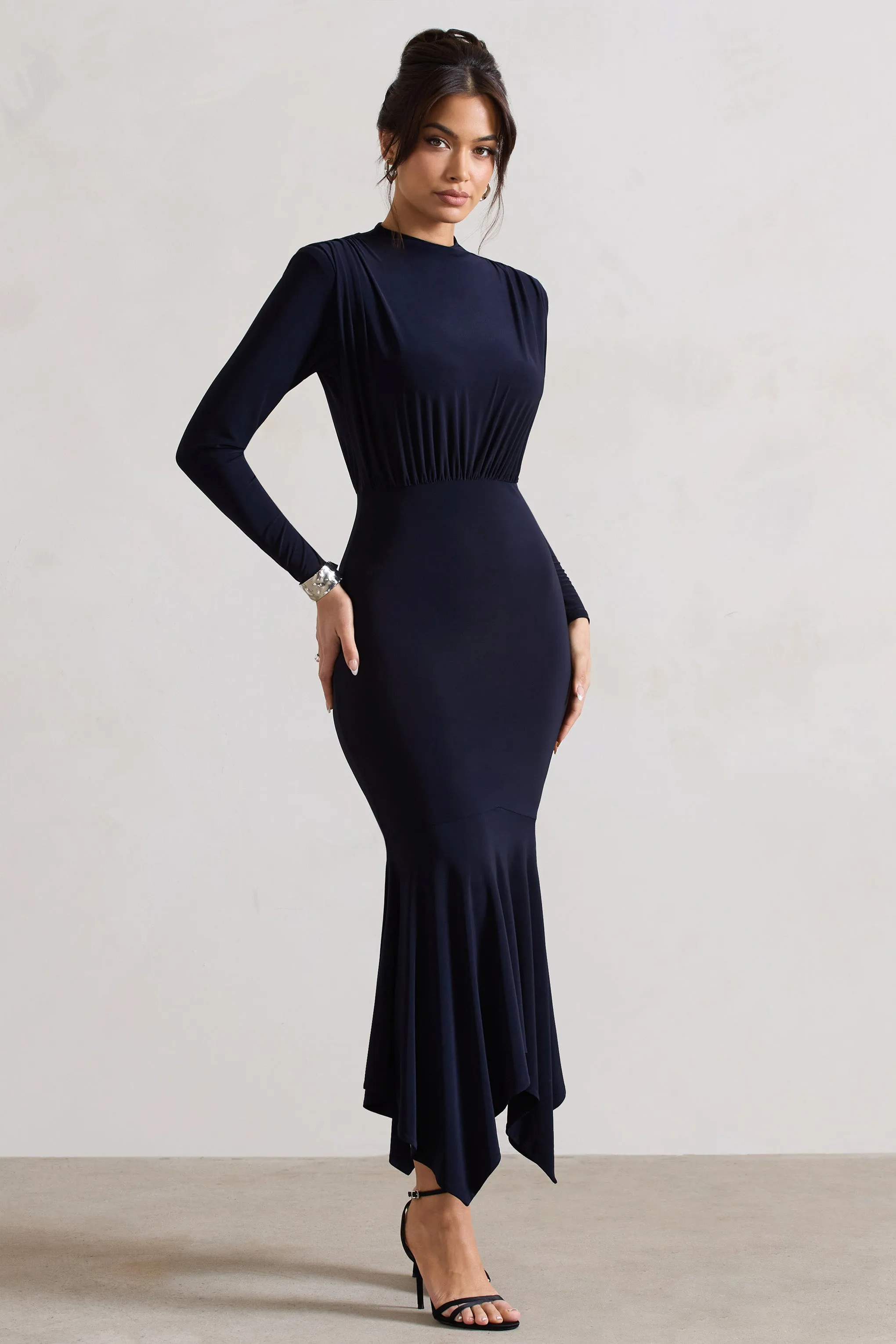 Carla | Navy High-Neck Midi Dress With Draped Hem sold by Club L London product image thumbnail 5
